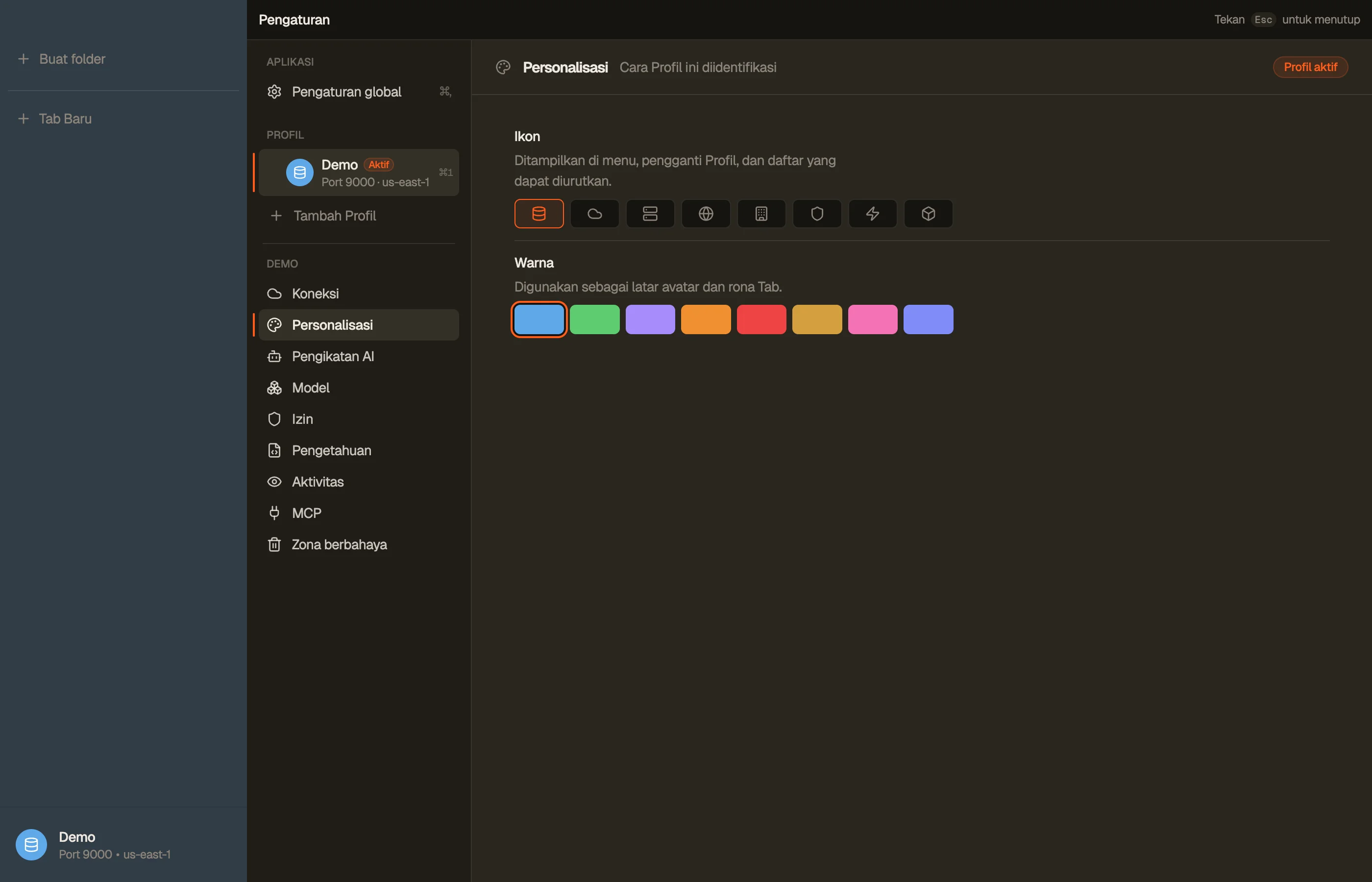 Personalization — warna dan ikon profil.