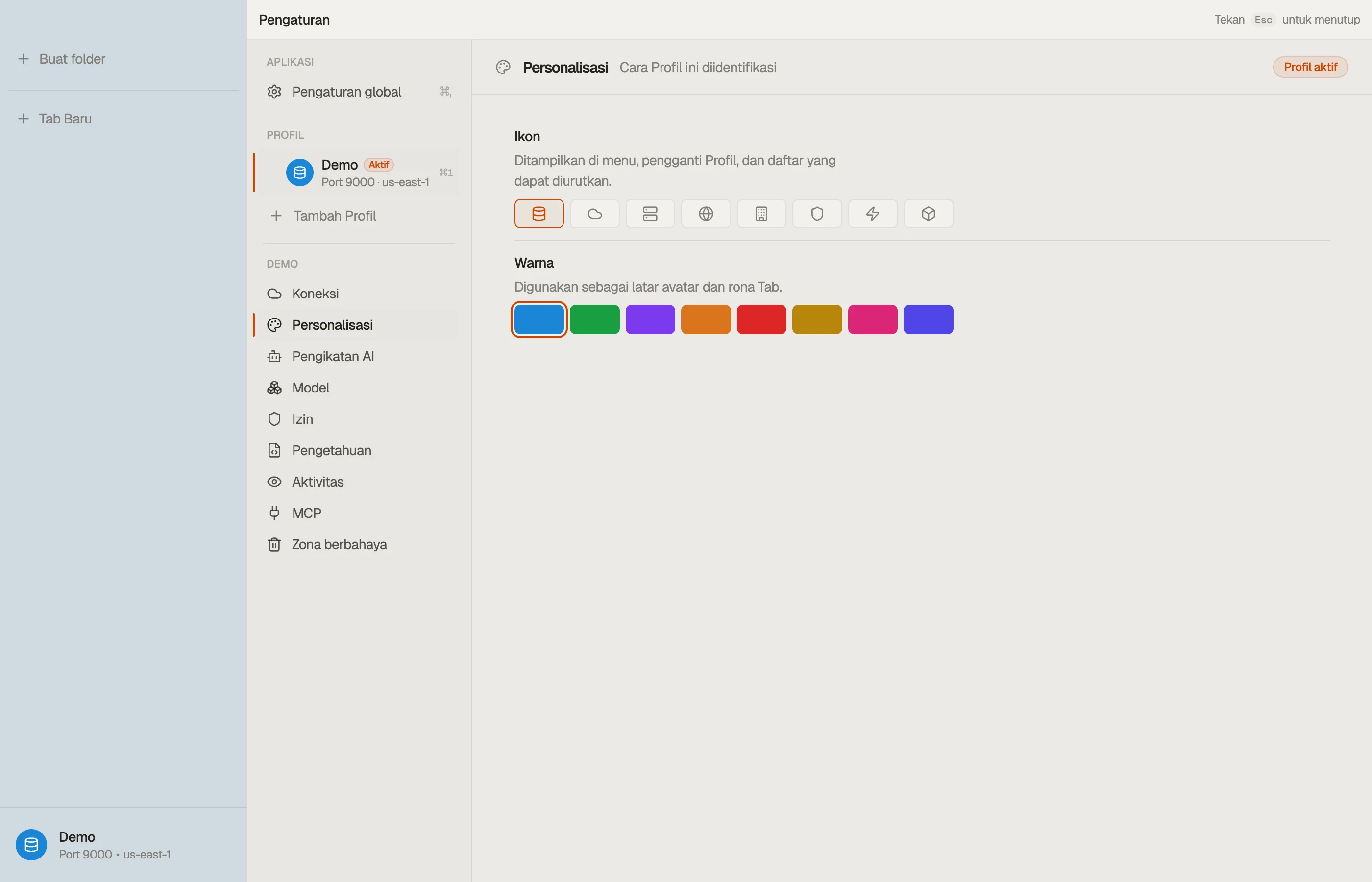 Personalization — warna dan ikon profil.