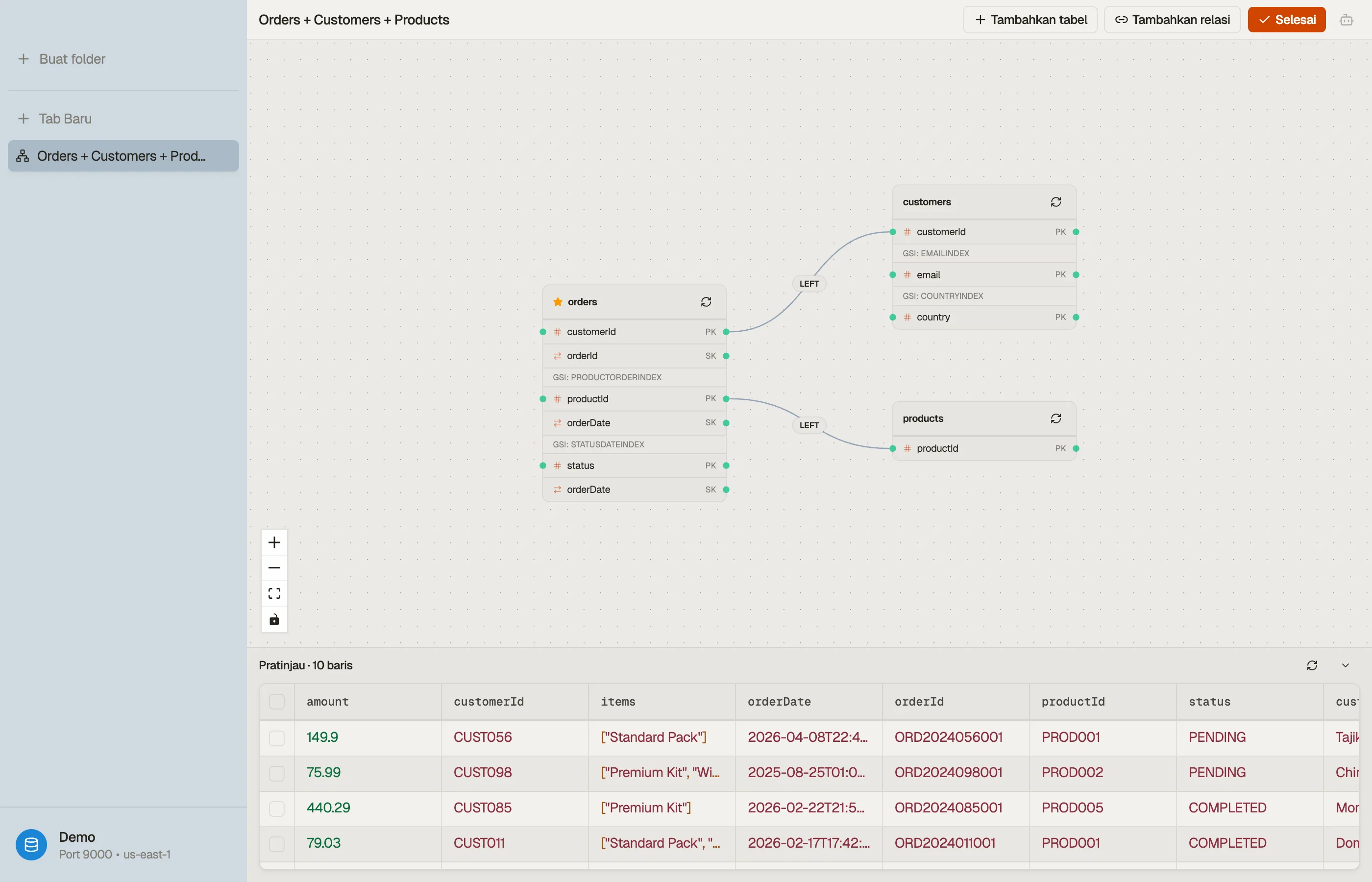 Sebuah Smart Table dalam mode Configure: node tabel pada kanvas ER dengan tepi relasi di antaranya, dan pratinjau langsung di bawah.