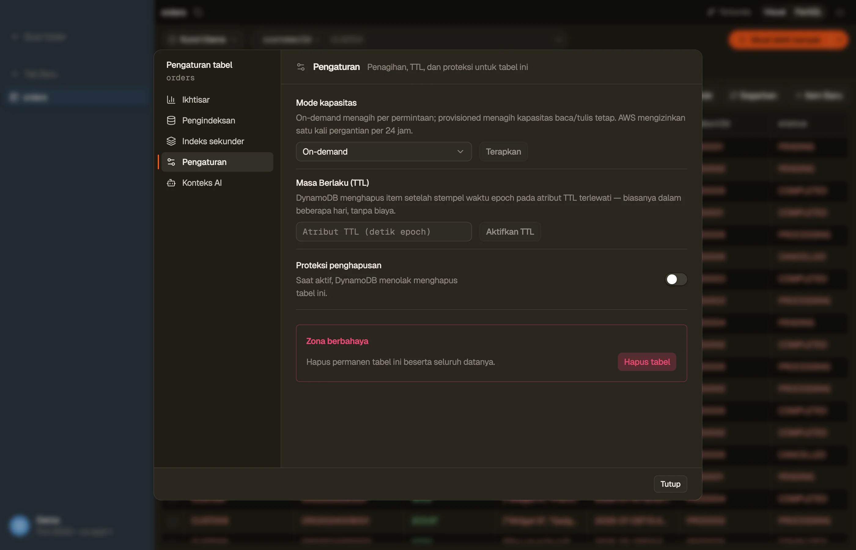 Bagian Pengaturan pada dialog Table DynoTable: mode kapasitas, Masa Berlaku (TTL), dan proteksi penghapusan.