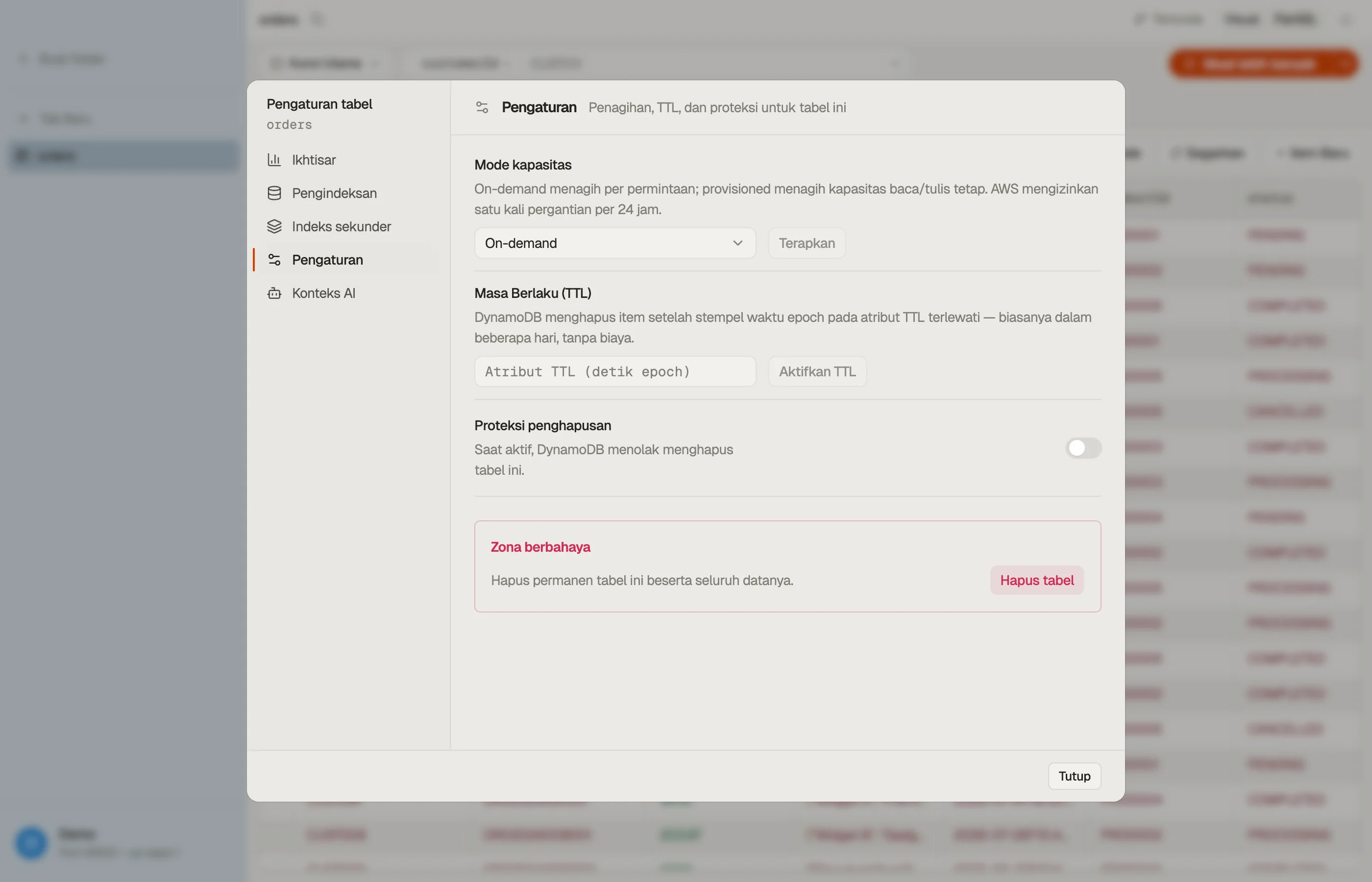 Bagian Pengaturan pada dialog Table DynoTable: mode kapasitas, Masa Berlaku (TTL), dan proteksi penghapusan.