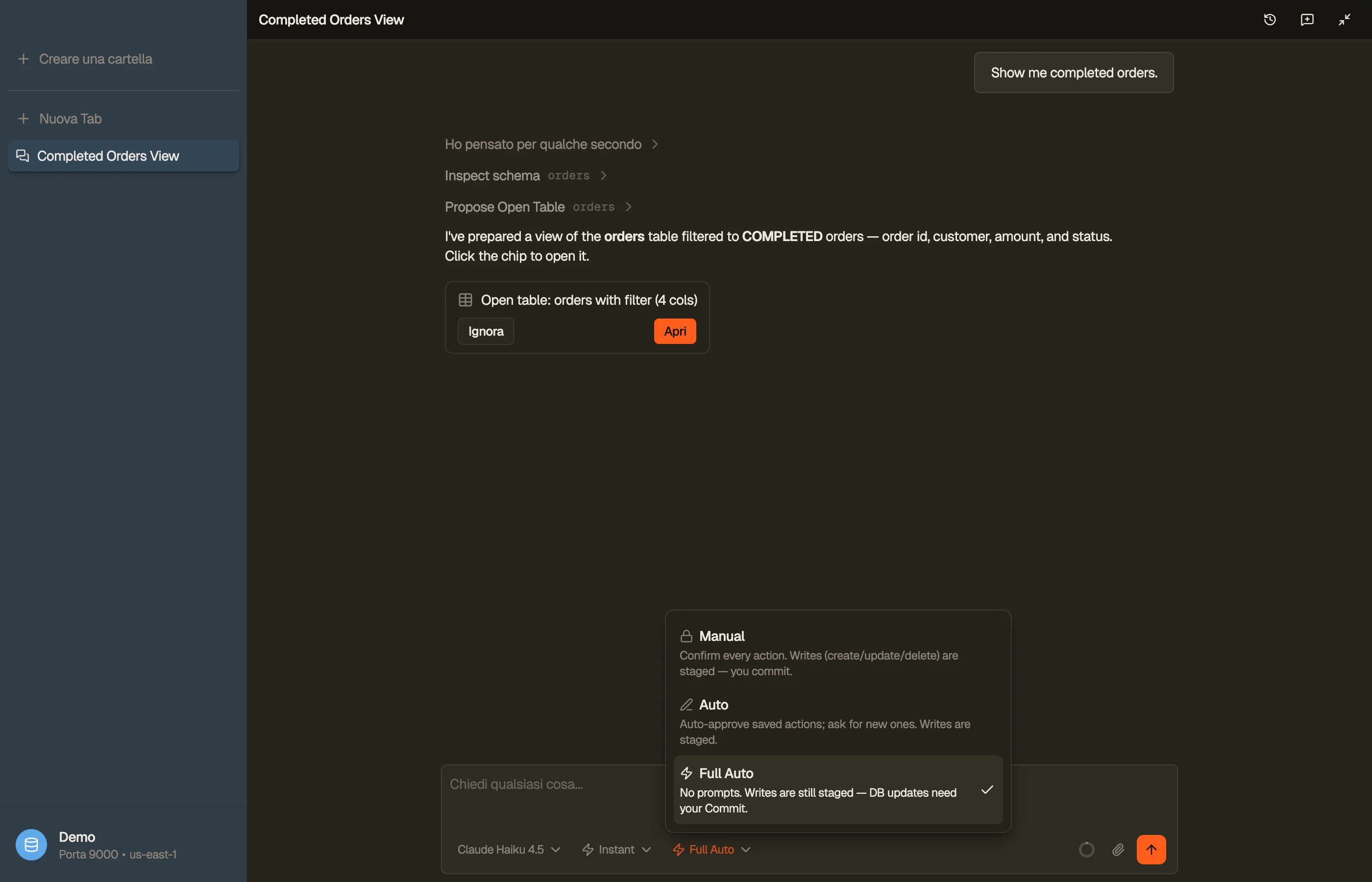 The permission-mode toggle in the chat composer, open — Manual, Auto, and Full Auto, each with what it does.
