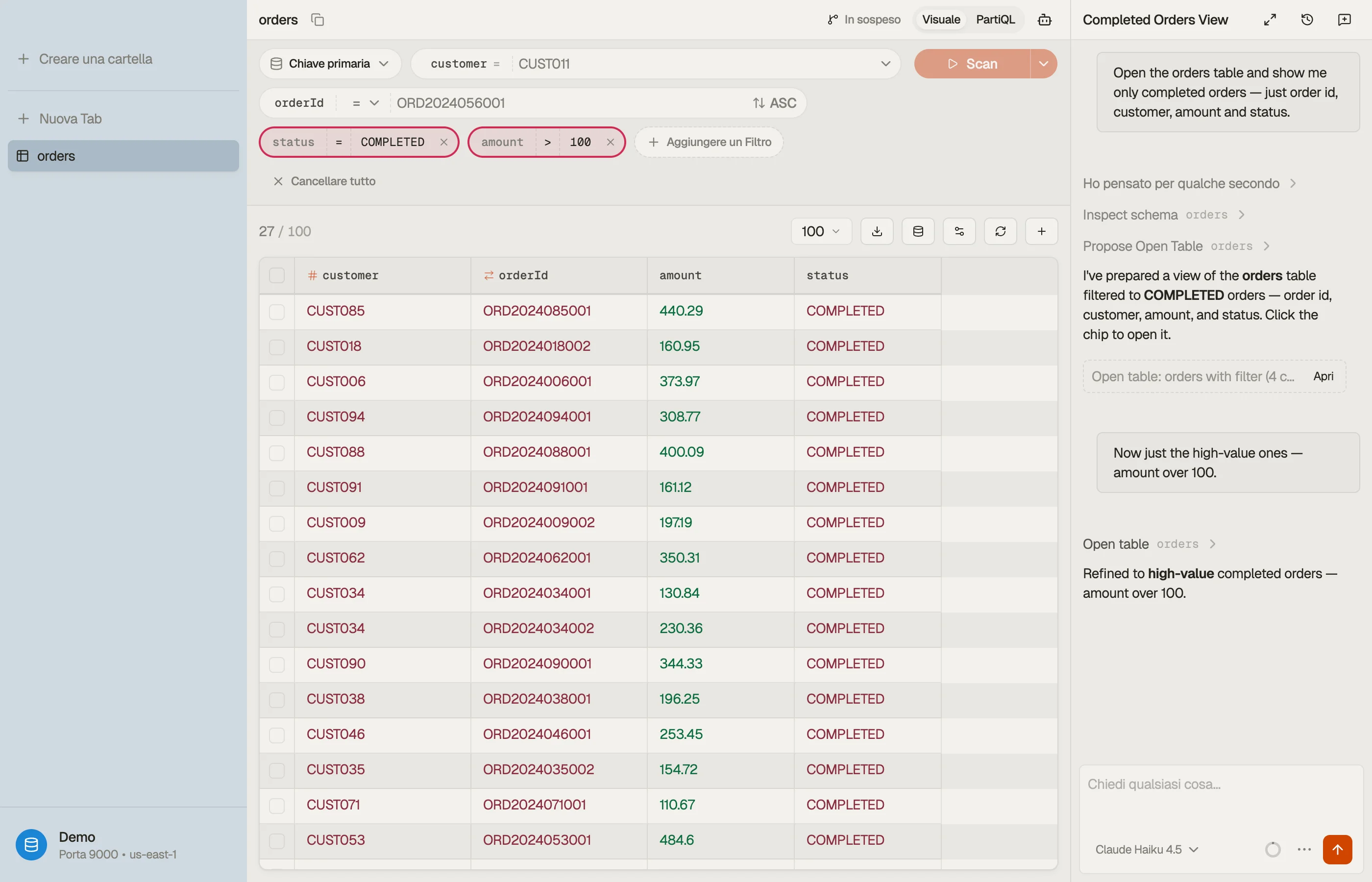 The AI chat sidebar docked on the right, alongside an open table tab.