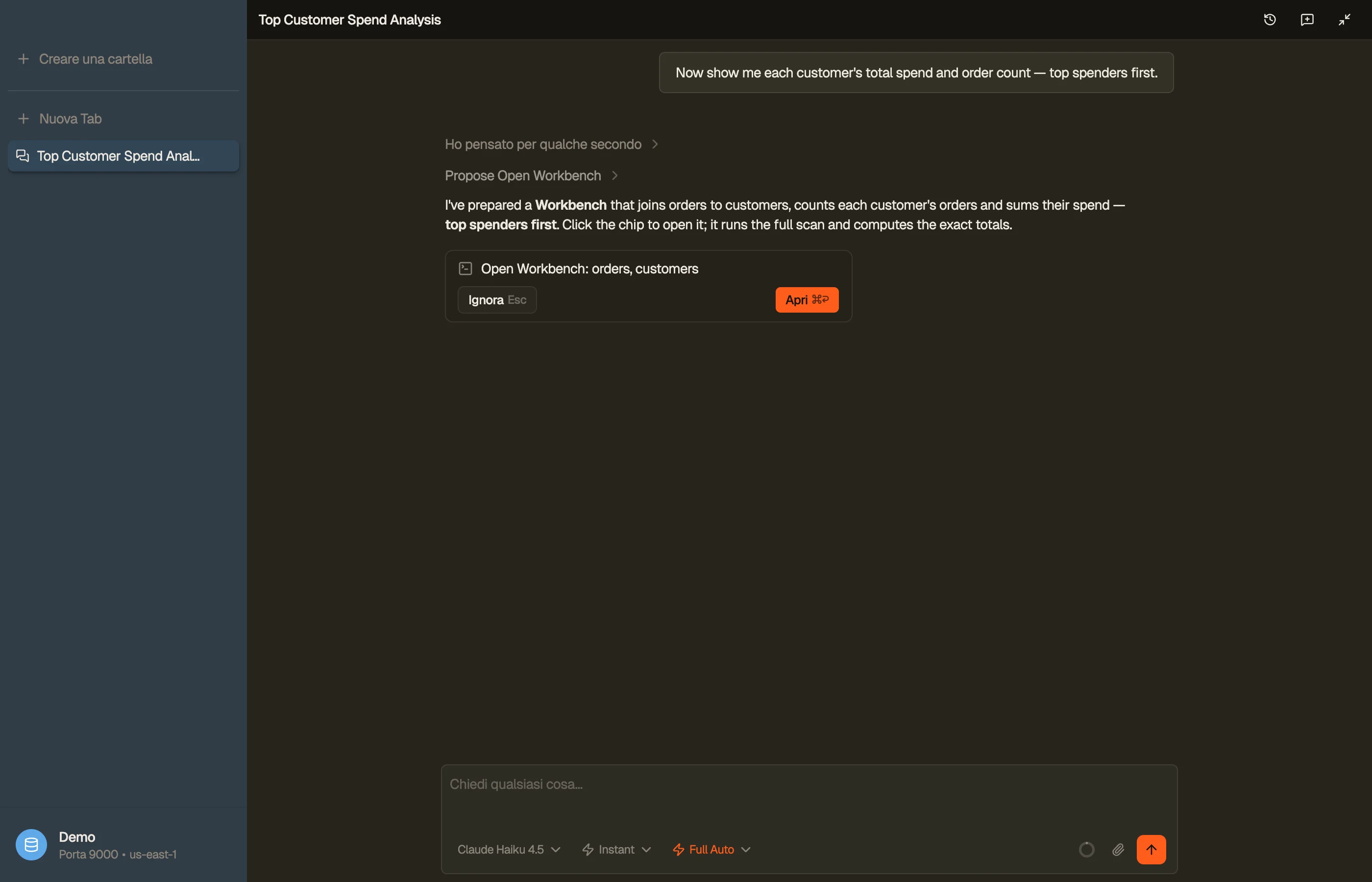 Una chip apri-Workbench — l'agente ha proposto una vista SQL (qui un join customers ⋈ orders); cliccandola si apre la Tab Workbench.
