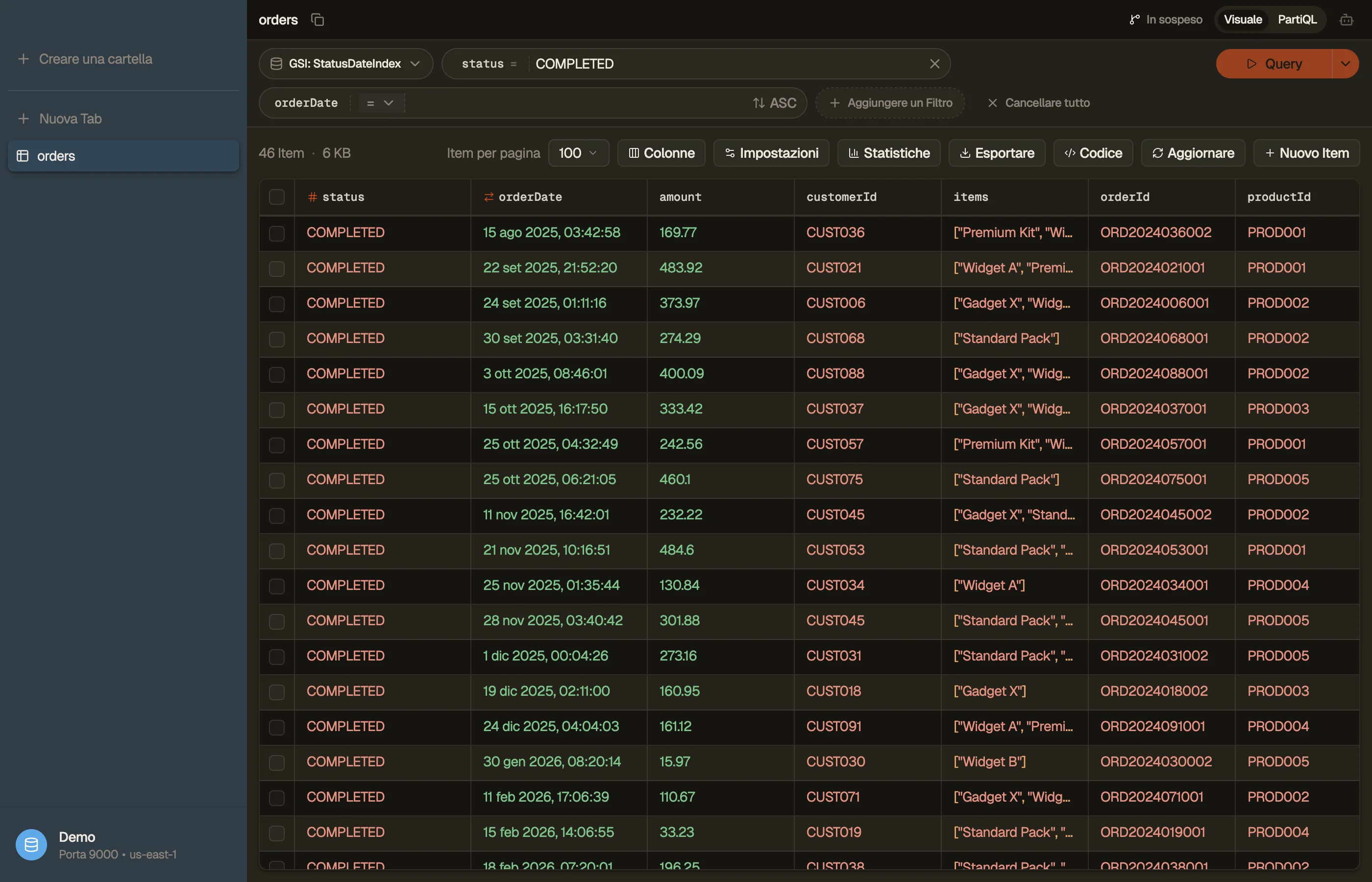 Il generatore visuale di filtri di DynoTable con il selettore di indici e il badge Query derivato.