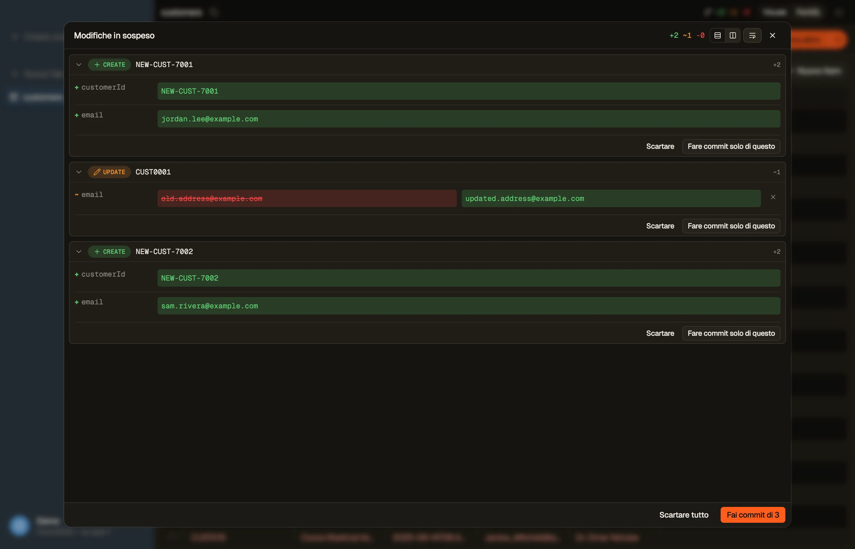 Il diff di commit in staging di DynoTable prima che qualcosa venga scritto su DynamoDB.