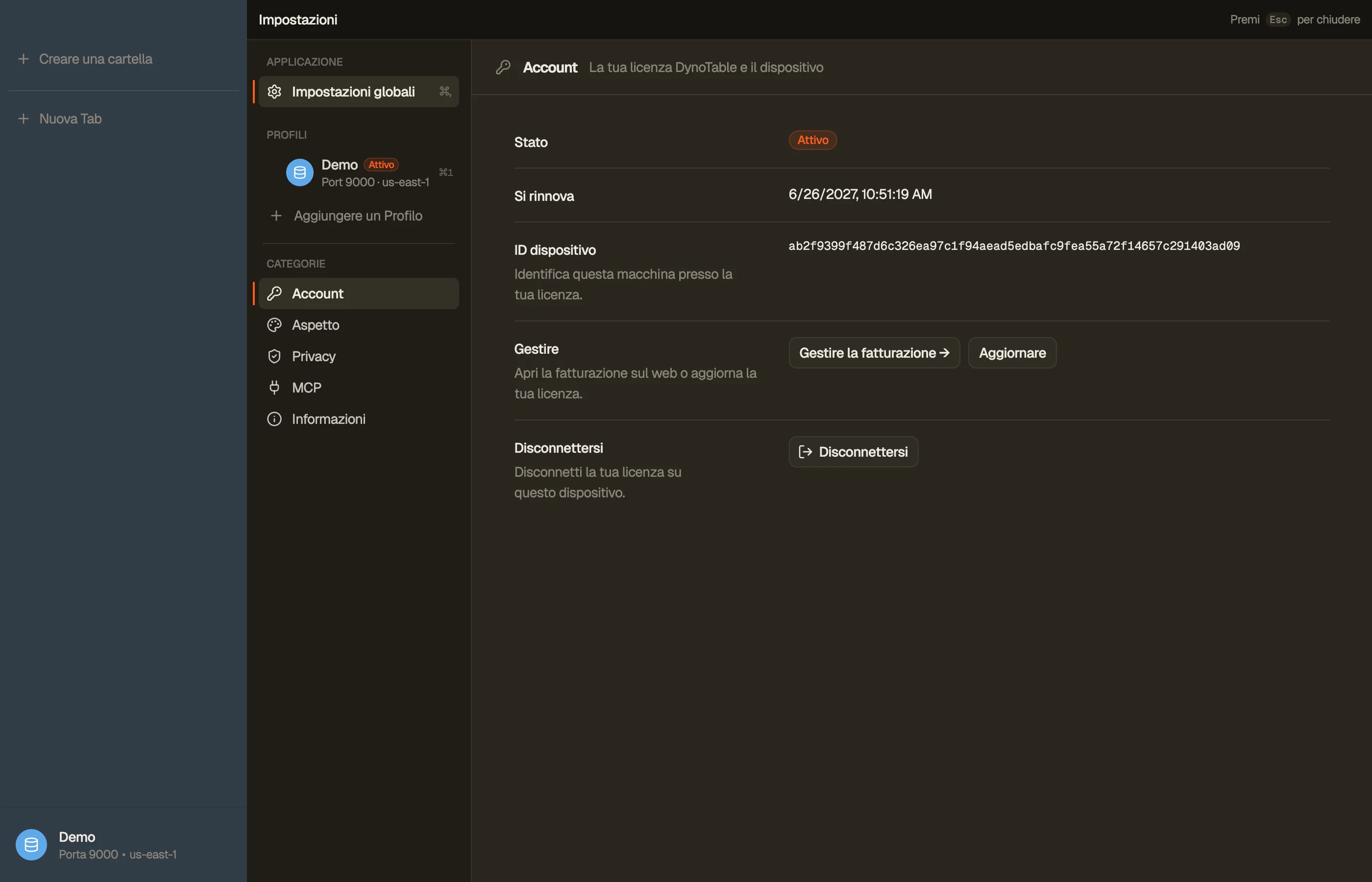 Le impostazioni Account di DynoTable che mostrano lo stato della licenza di questa macchina, la data di rinnovo e l'ID dispositivo.