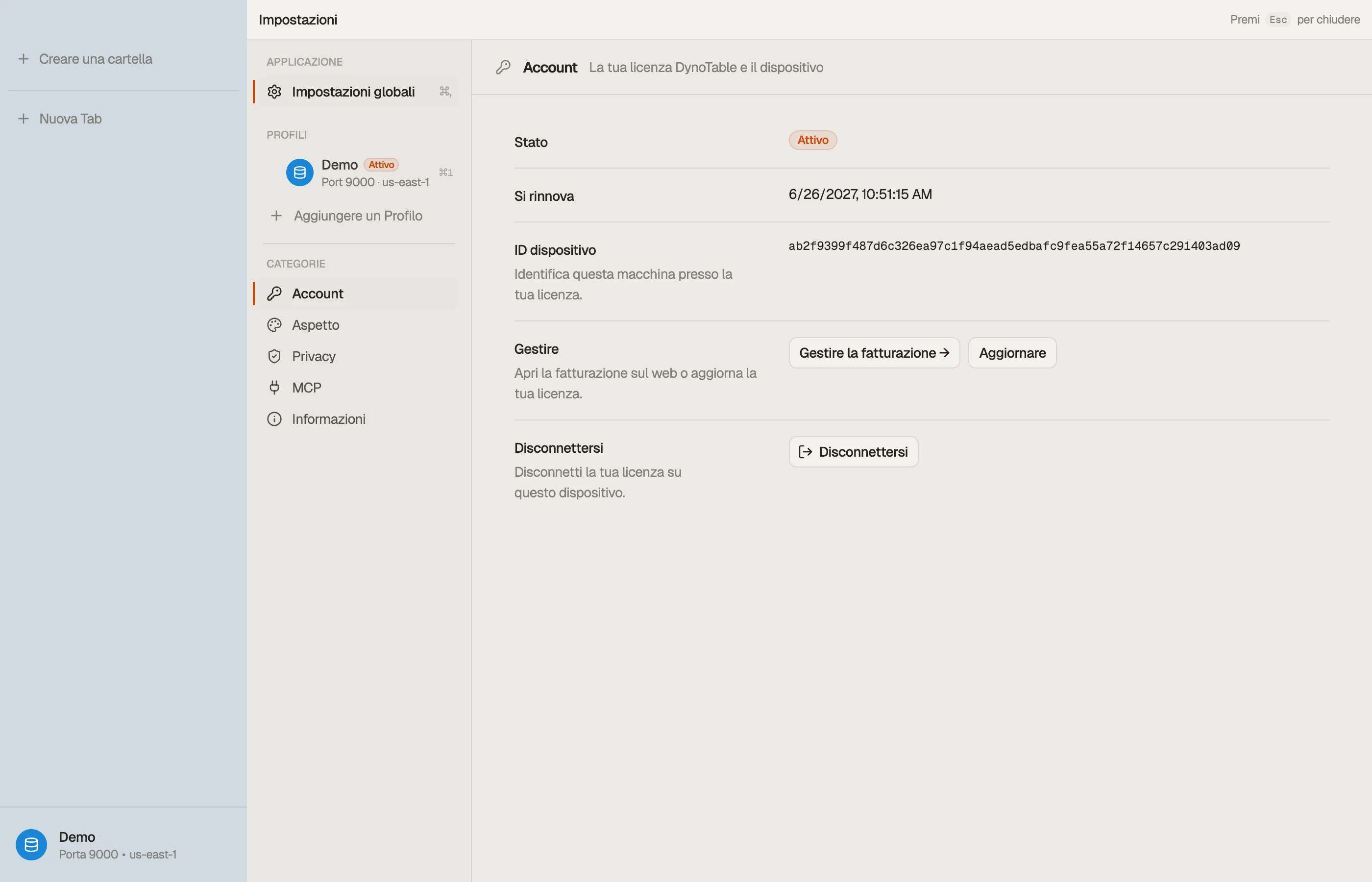 Le impostazioni Account di DynoTable che mostrano lo stato della licenza di questa macchina, la data di rinnovo e l'ID dispositivo.