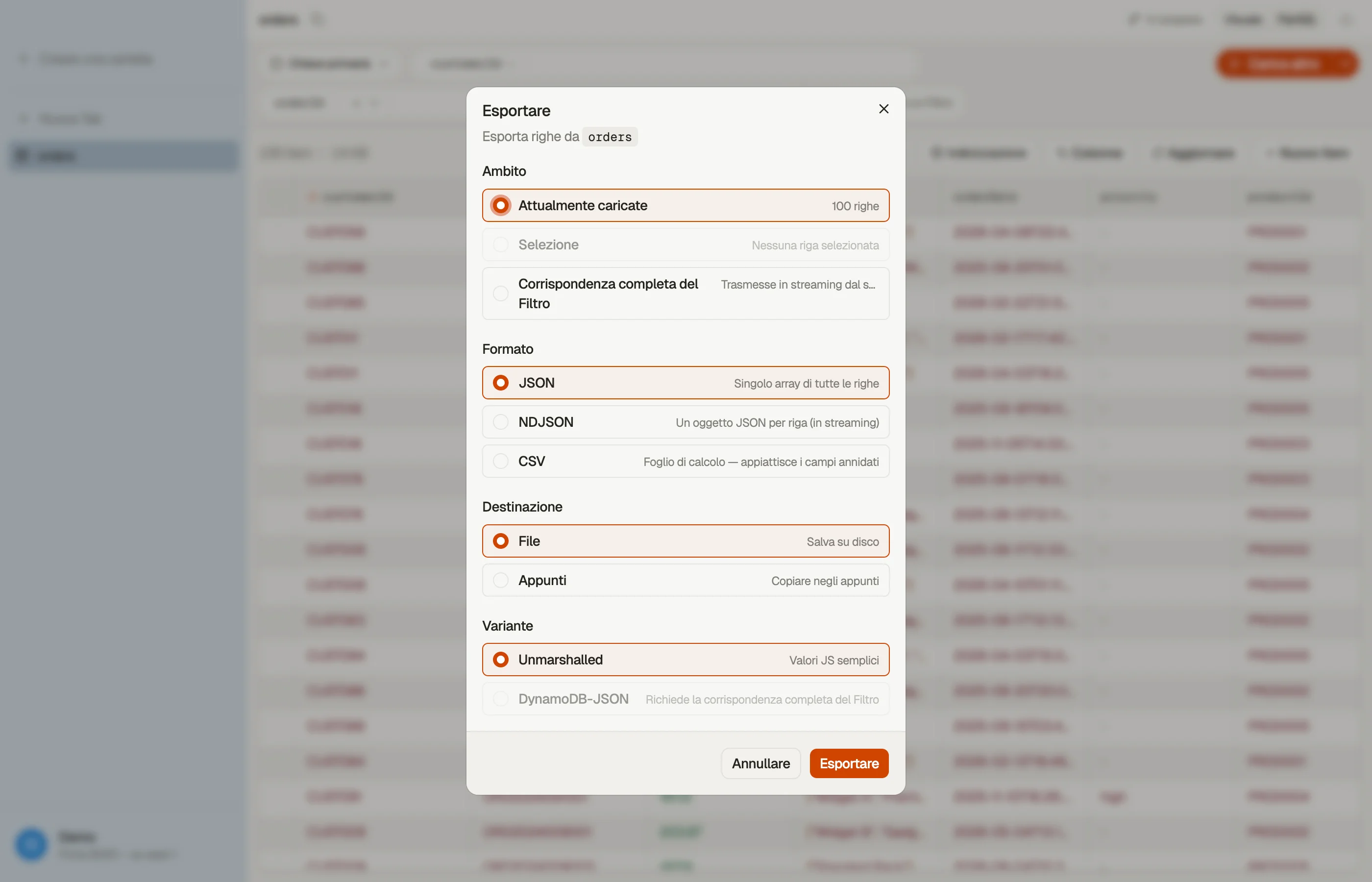 La finestra di esportazione: formato, ambito e destinazione.