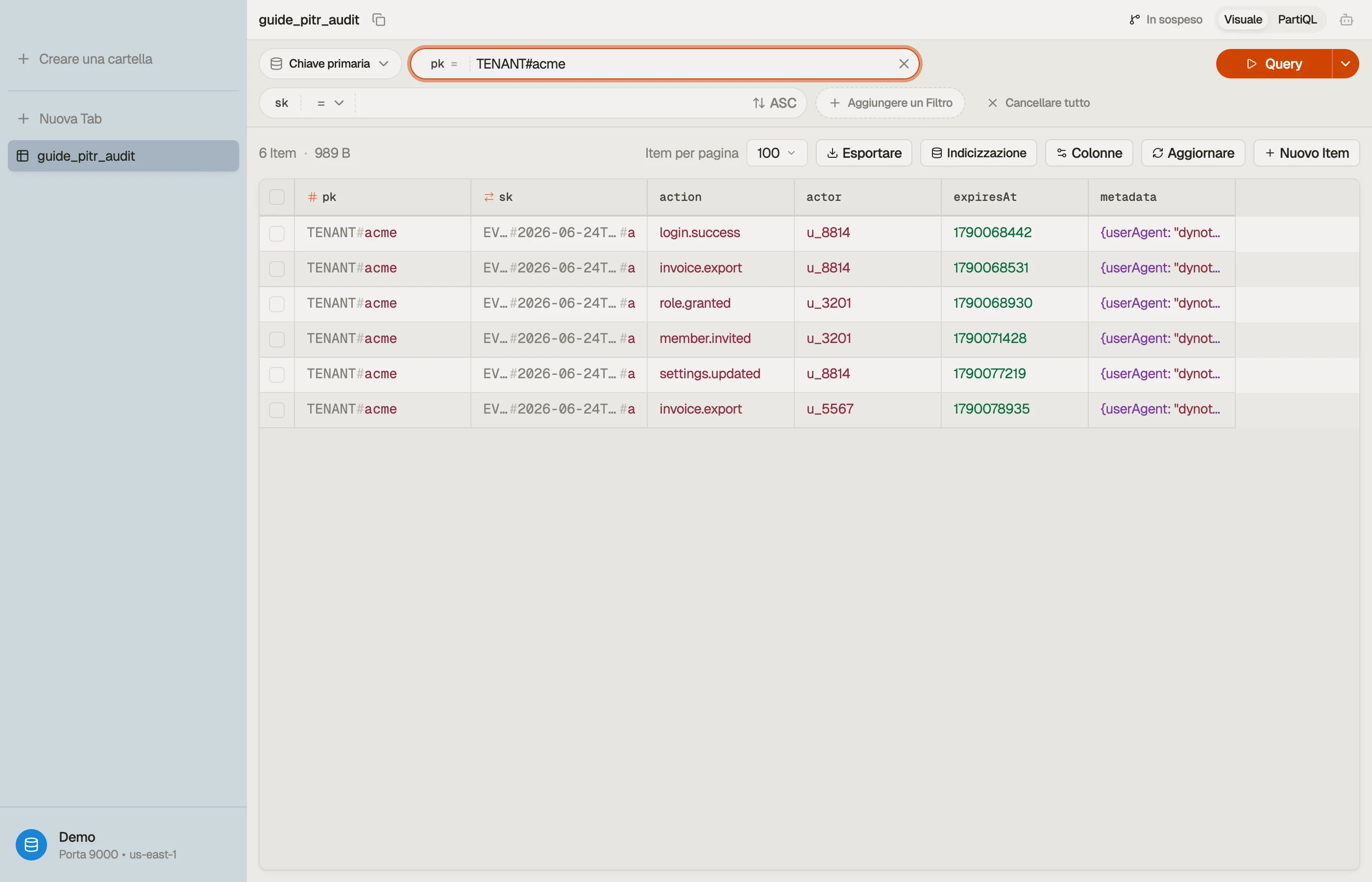 Ispezione di una tabella audit-log ripristinata con PITR in DynoTable per verificare gli eventi recuperati prima del cut over dell'app.
