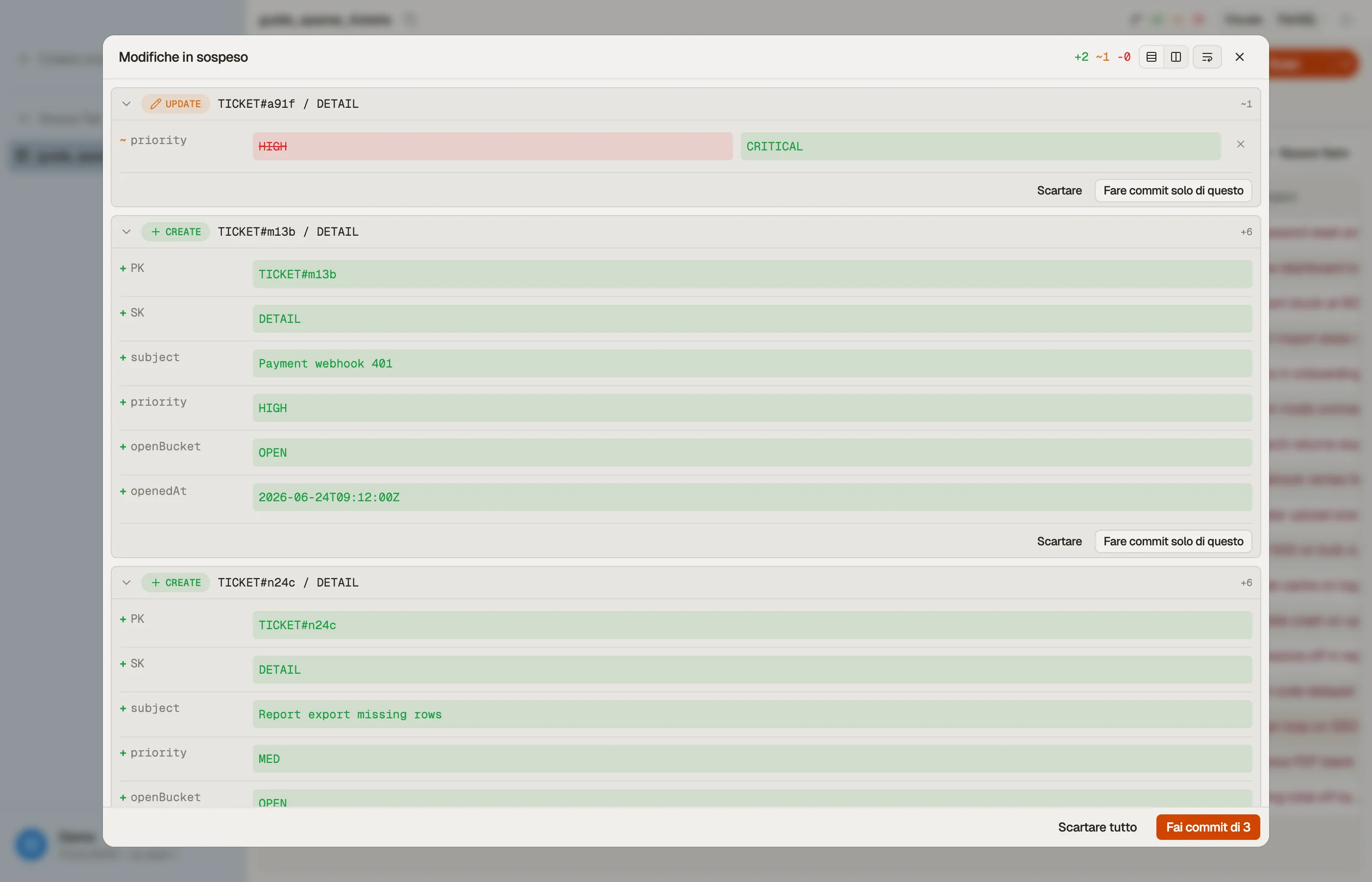 Revisione delle modifiche in stage prima di committarle come batch in DynoTable.