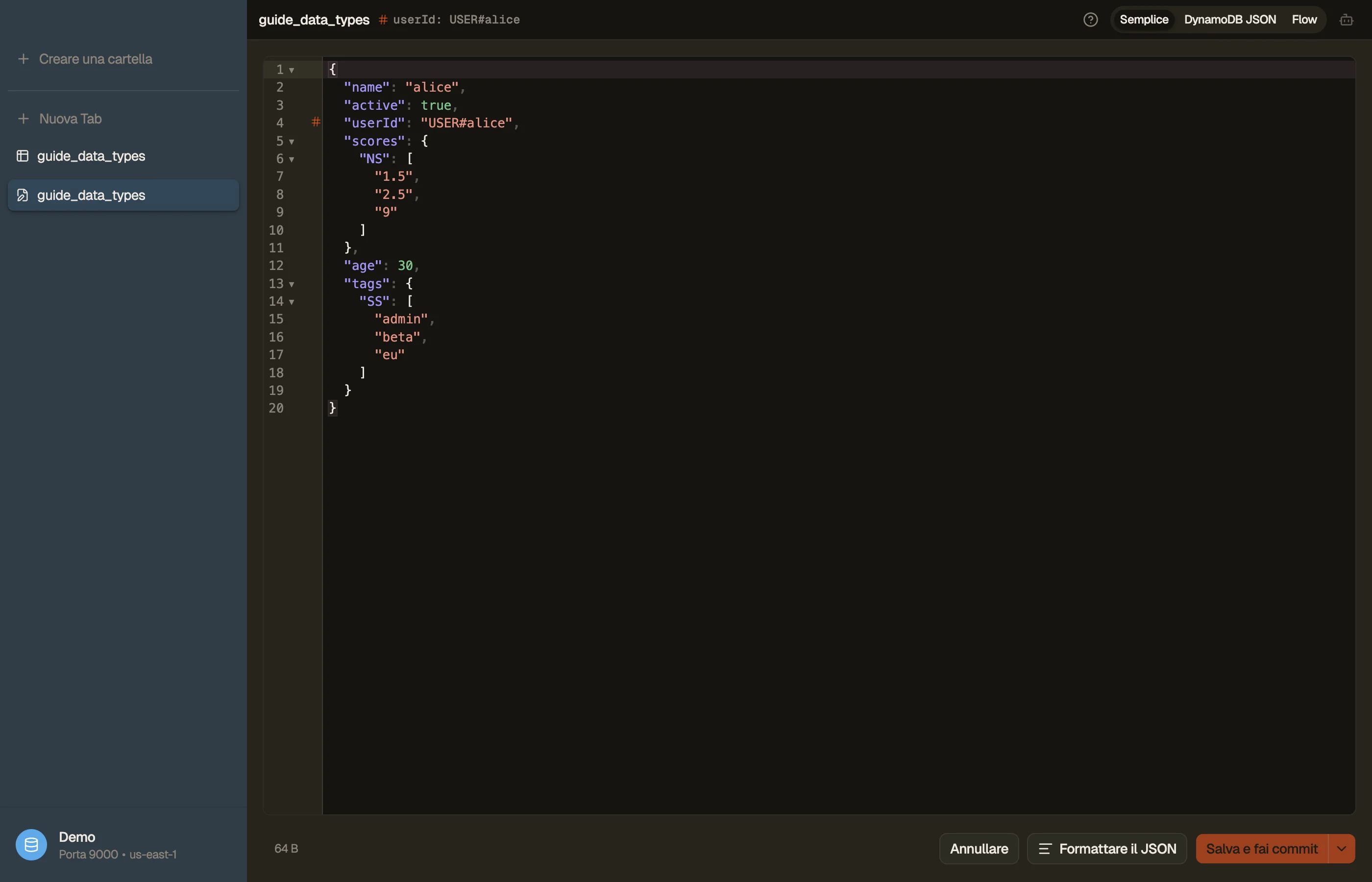 L'editor di Item di DynoTable che mostra un Item con un number set e uno string set, e l'interruttore Plain-JSON / DynamoDB-JSON.