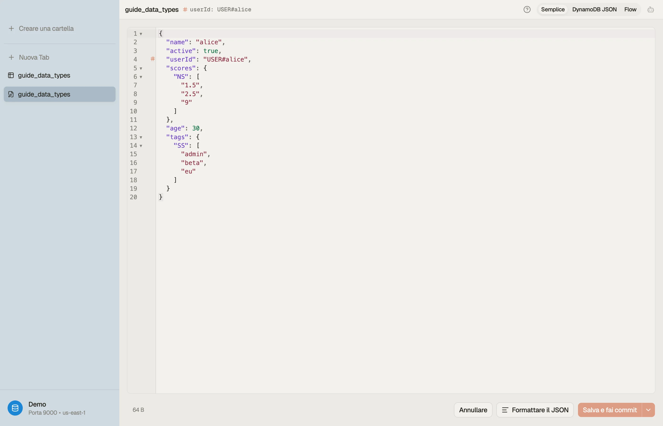 L'editor di Item di DynoTable che mostra un Item con un number set e uno string set, e l'interruttore Plain-JSON / DynamoDB-JSON.