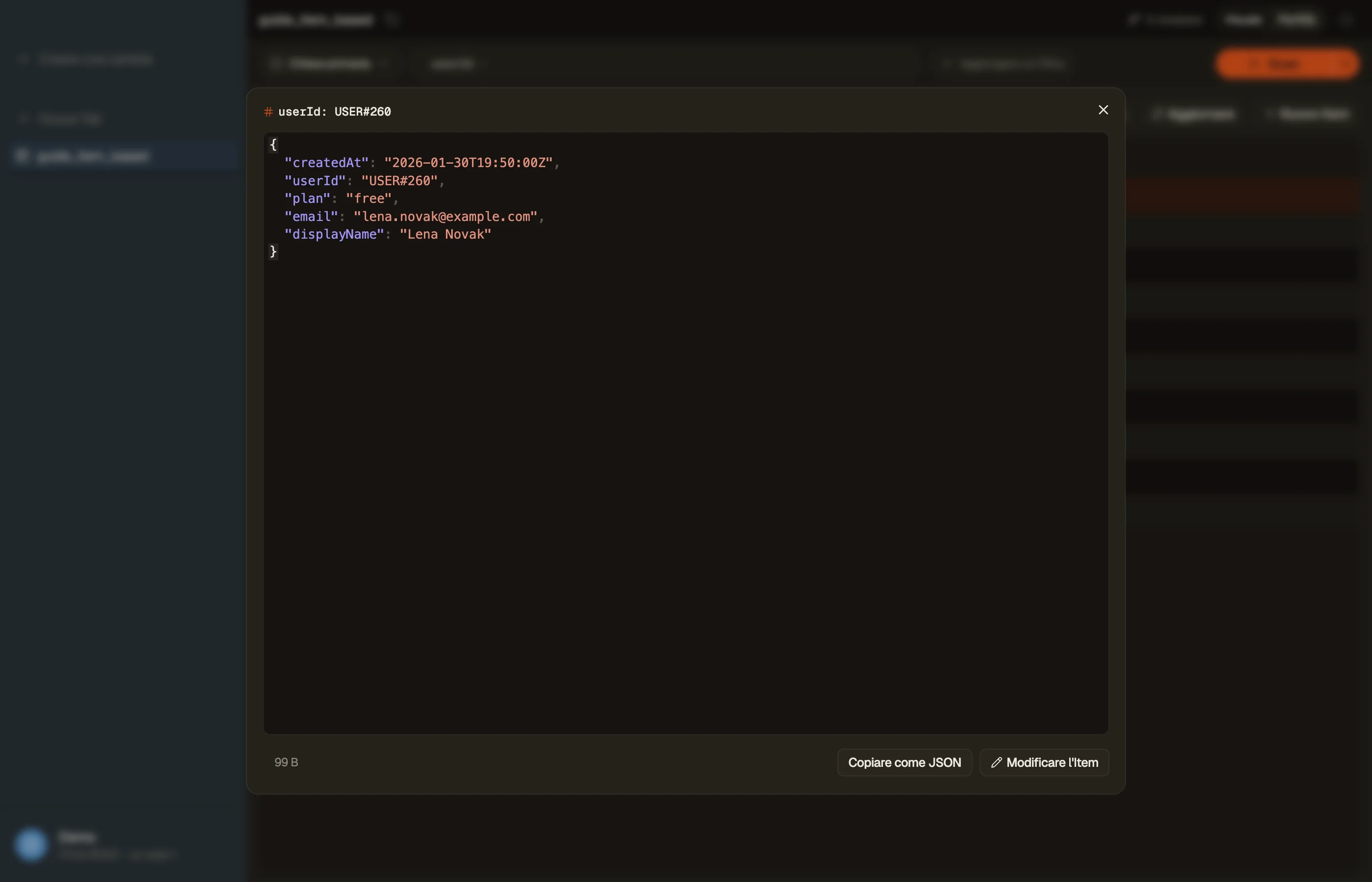 Lettura di un singolo Item nella Quick View di DynoTable, con le azioni Edit Item e Copy as JSON.
