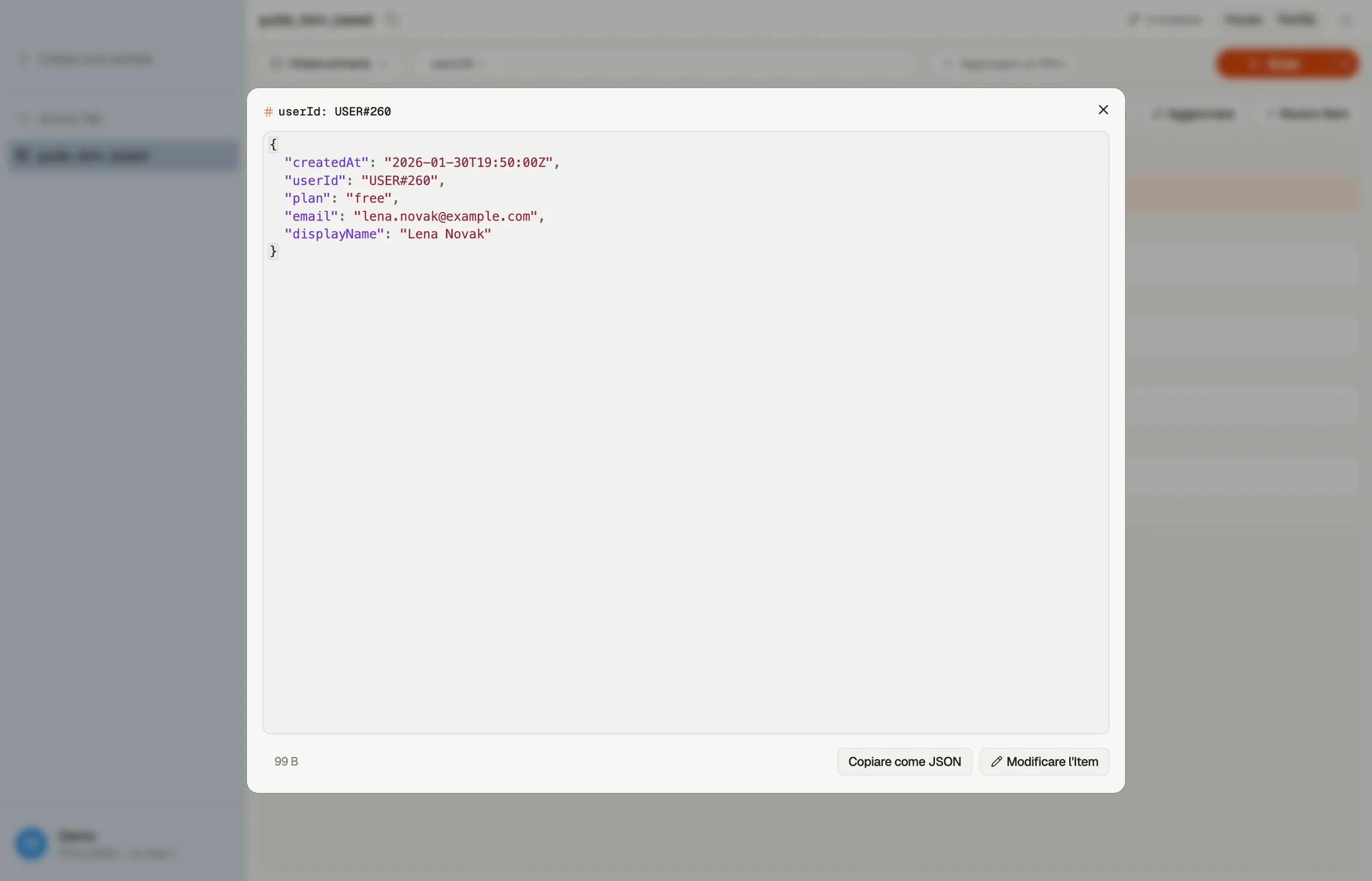 Lettura di un singolo Item nella Quick View di DynoTable, con le azioni Edit Item e Copy as JSON.