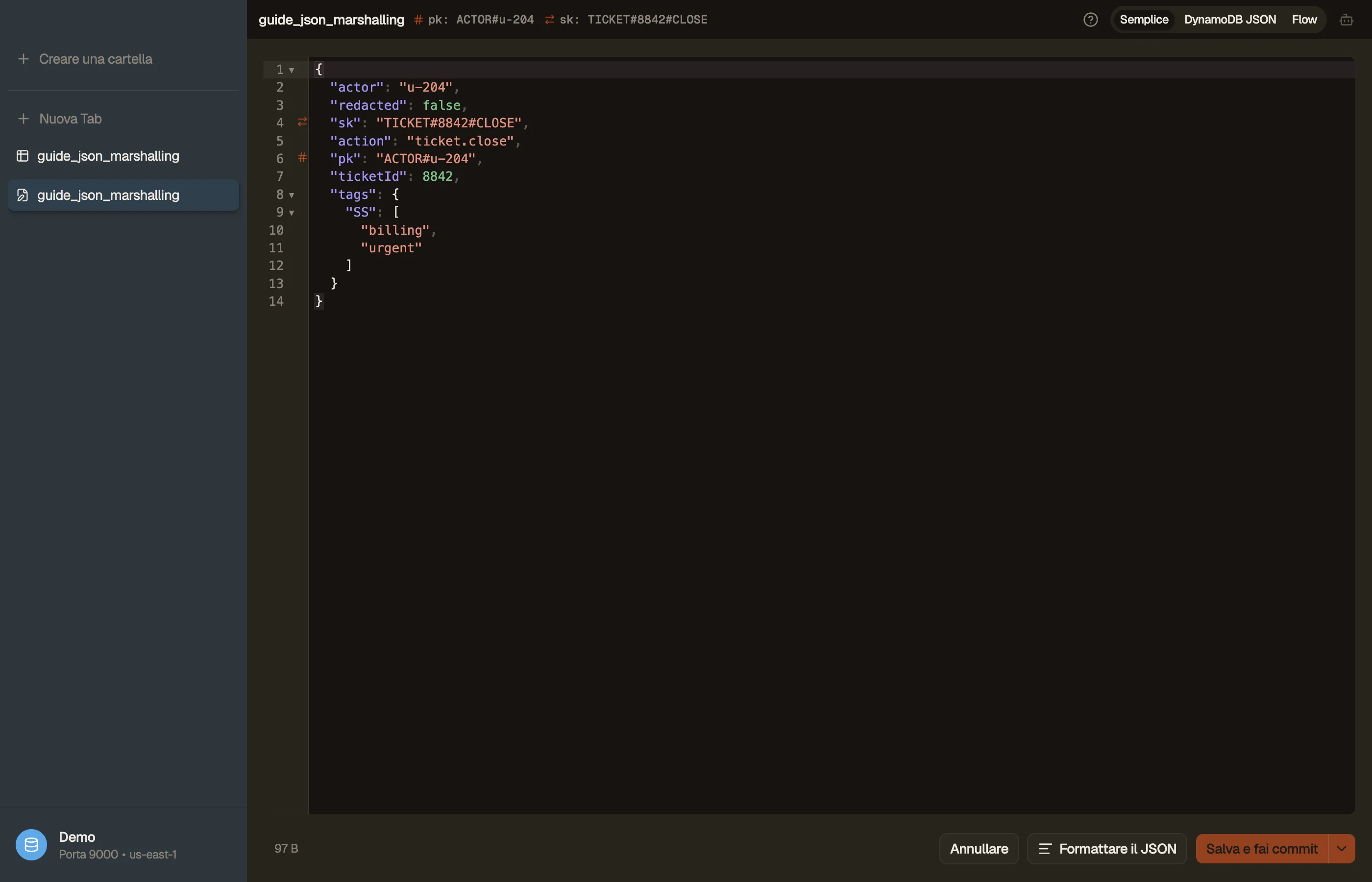 DynoTable che mostra un item come valori semplici, con il DynamoDB JSON grezzo disponibile.