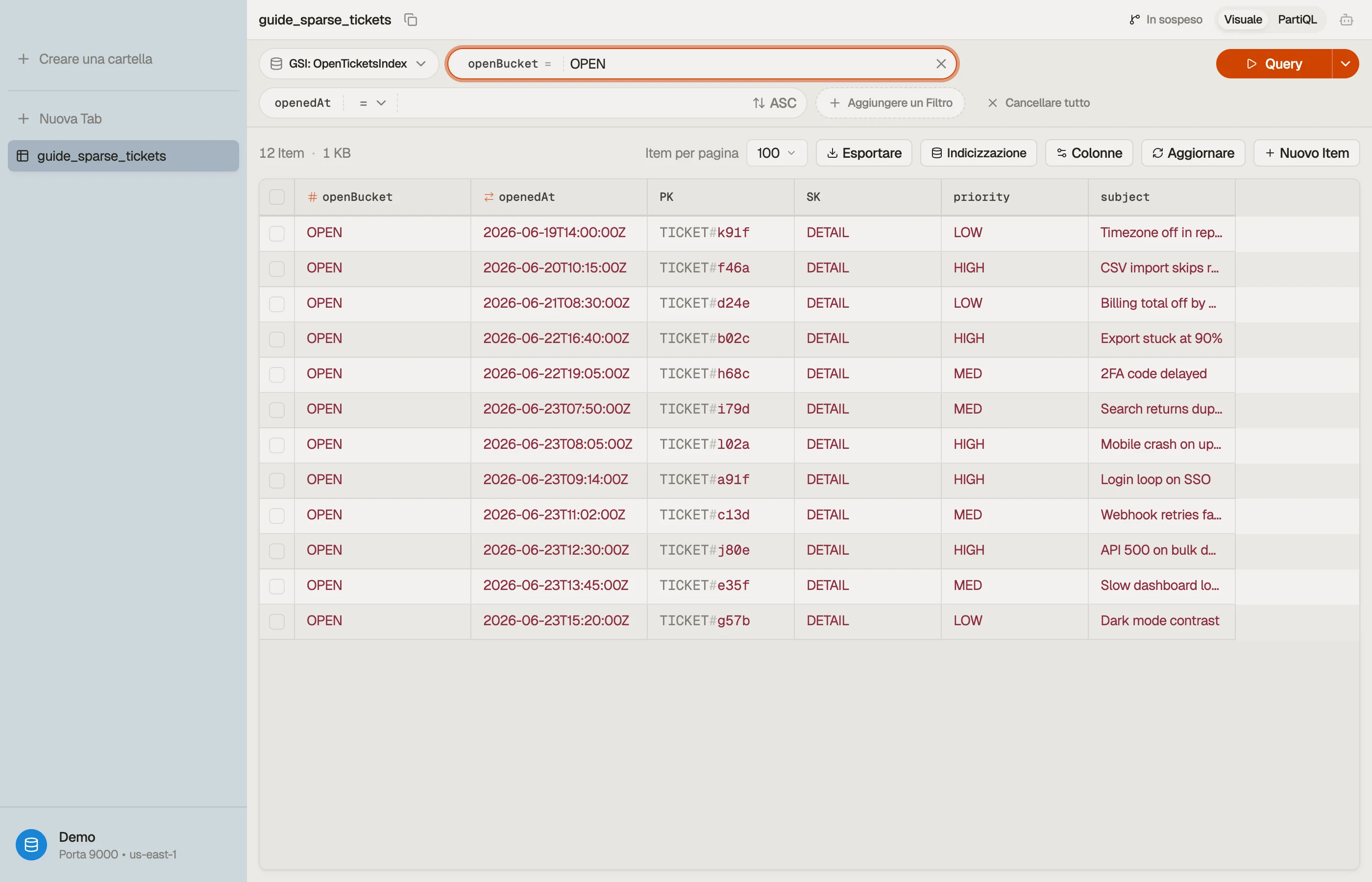 La tabella dei ticket di supporto vista attraverso la sua GSI sparsa open-tickets in DynoTable, che mostra solo gli item che portano la chiave openBucket.