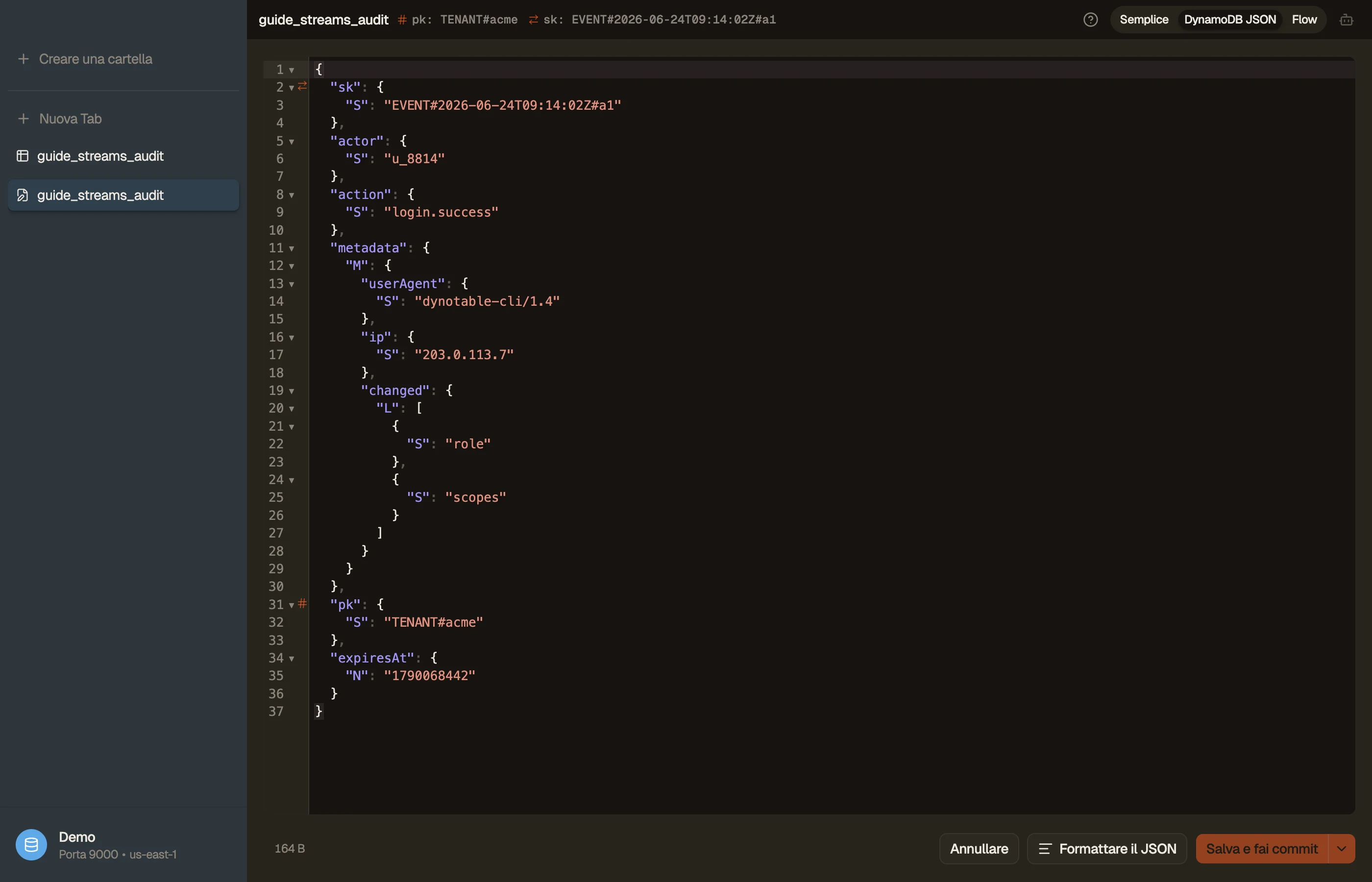 Ispezione di un Item di evento di audit in DynoTable per modellare il record di stream NEW_IMAGE che riceverà il suo consumer Lambda.
