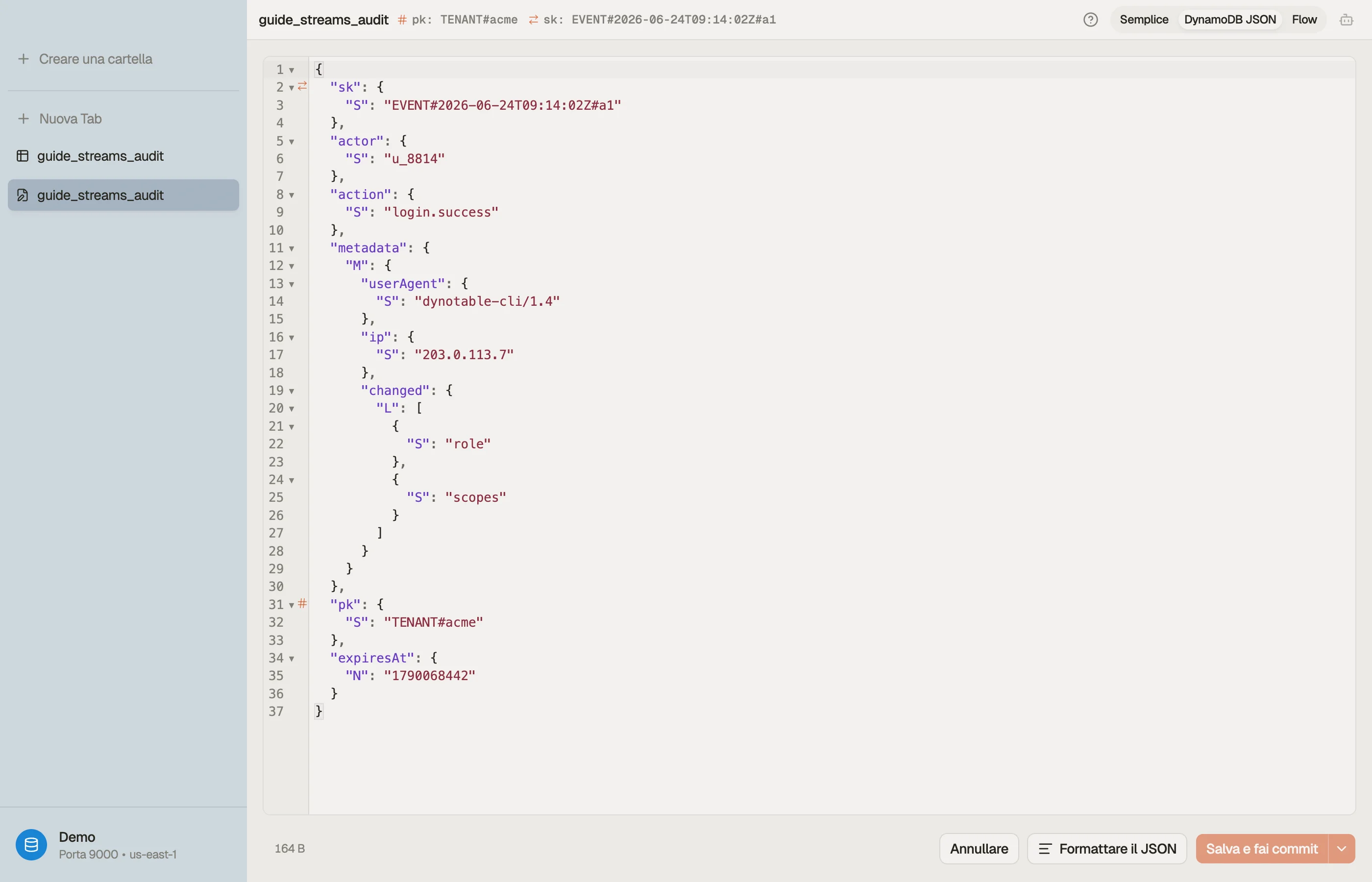 Ispezione di un Item di evento di audit in DynoTable per modellare il record di stream NEW_IMAGE che riceverà il suo consumer Lambda.