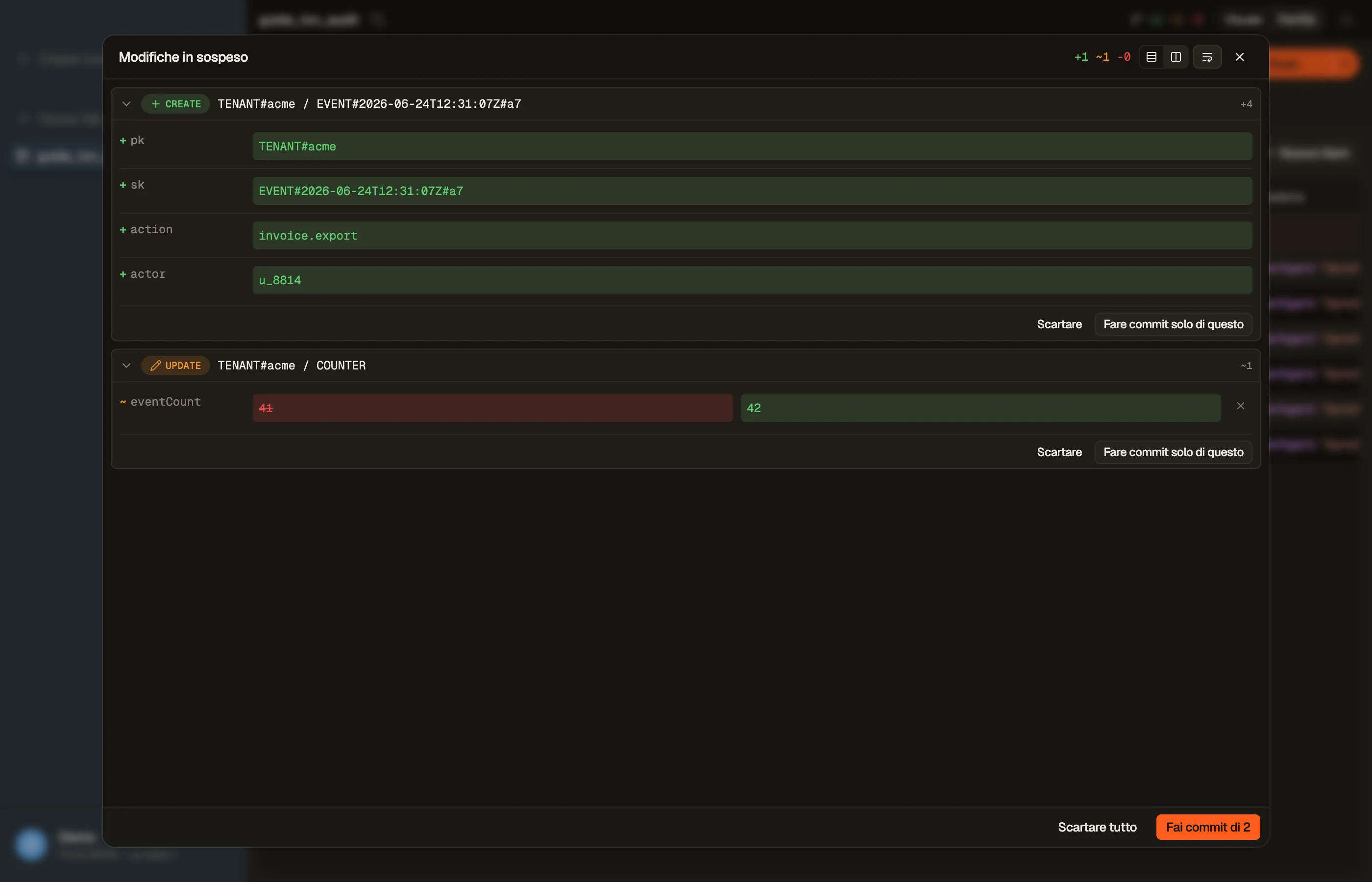 Staging del nuovo evento di audit e della modifica al contatore del tenant in DynoTable, poi commit di entrambi come un'unica transazione tutto-o-niente.