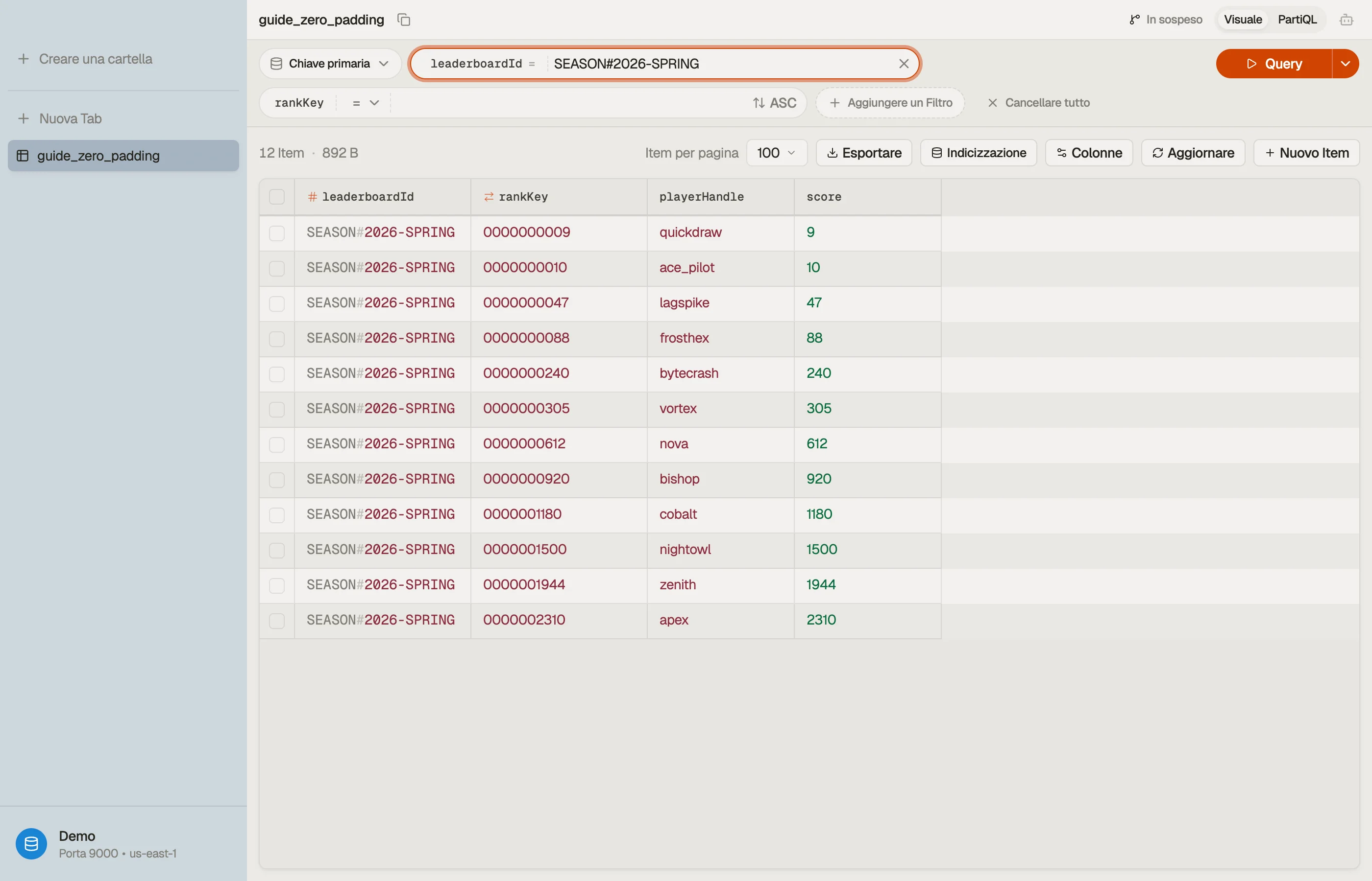 Navigazione della leaderboard di stagione in DynoTable, ordinata per rankKey zero-paddata.
