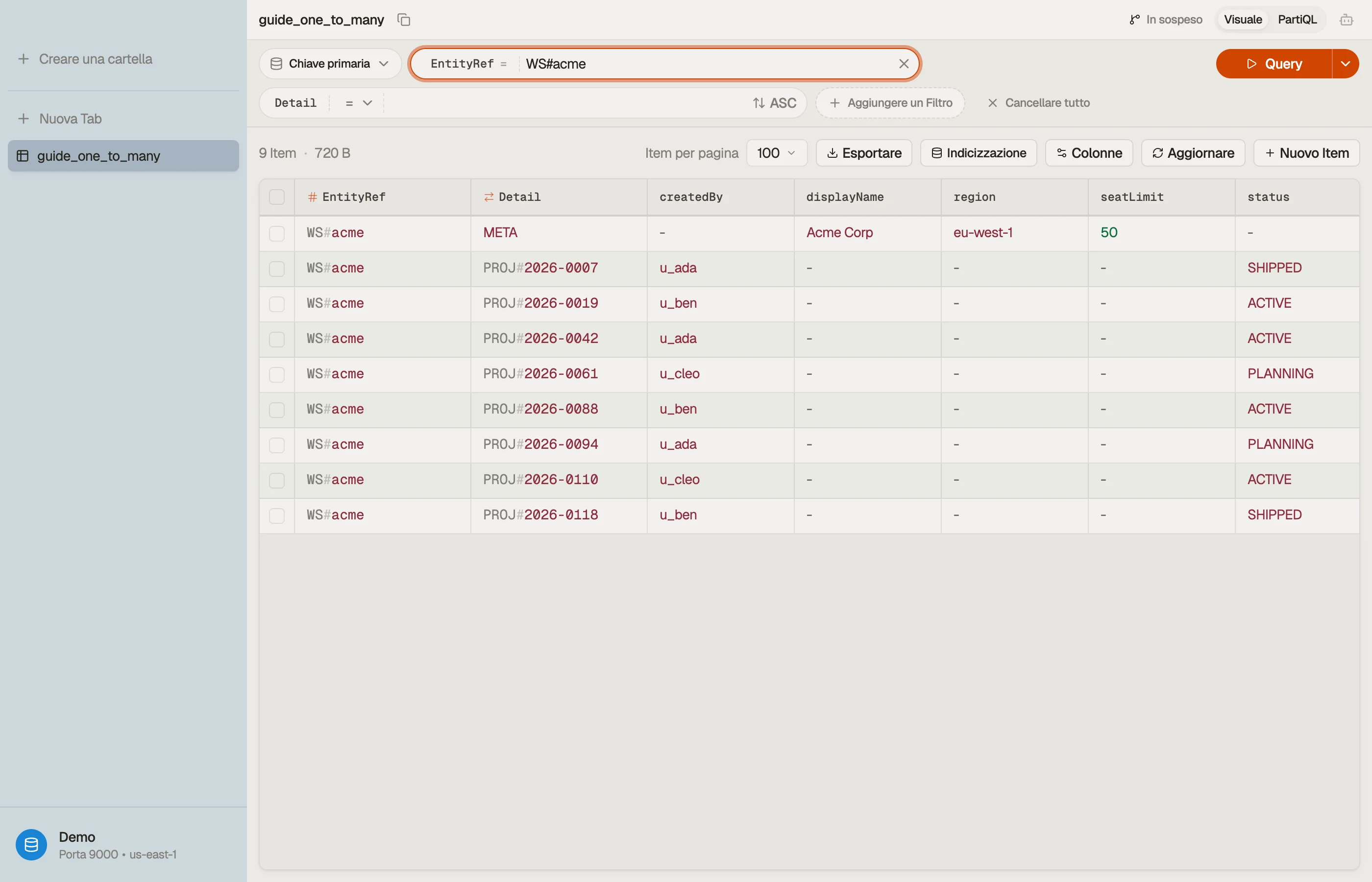 L'item META del workspace e i suoi figli PROJ# raggruppati come un'unica item collection nella vista tabella di DynoTable.