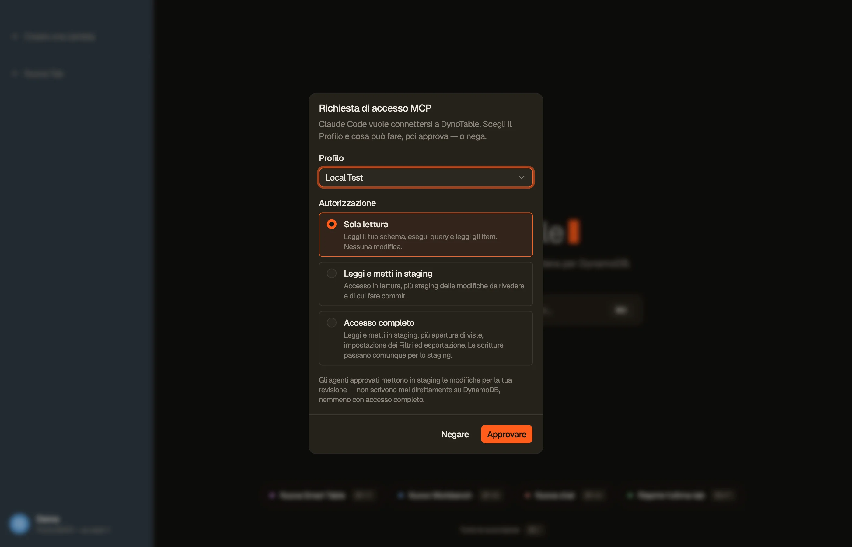 Il prompt di consenso in-app: un client che si connette richiede l'accesso e tu concedi uno dei tre scope oppure neghi.