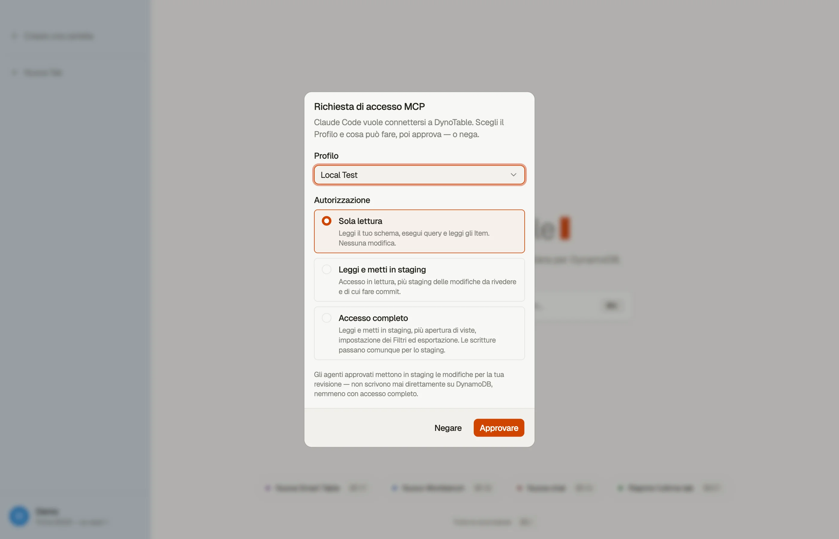 Il prompt di consenso in-app: un client che si connette richiede l'accesso e tu concedi uno dei tre scope oppure neghi.