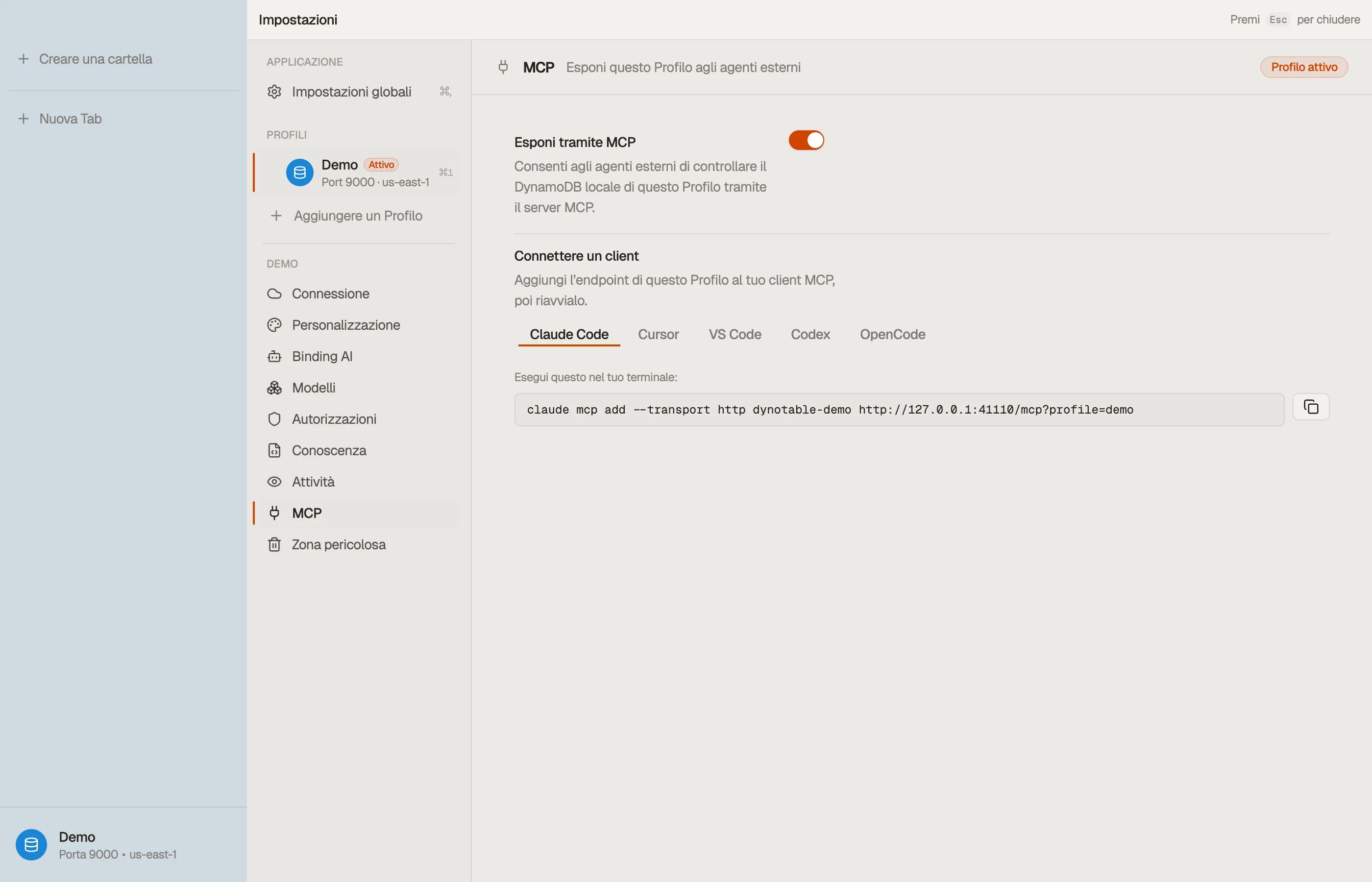 La sezione MCP di un profilo con «Esponi via MCP» attivo — il blocco di connessione del profilo mostra l'endpoint da aggiungere al tuo client.