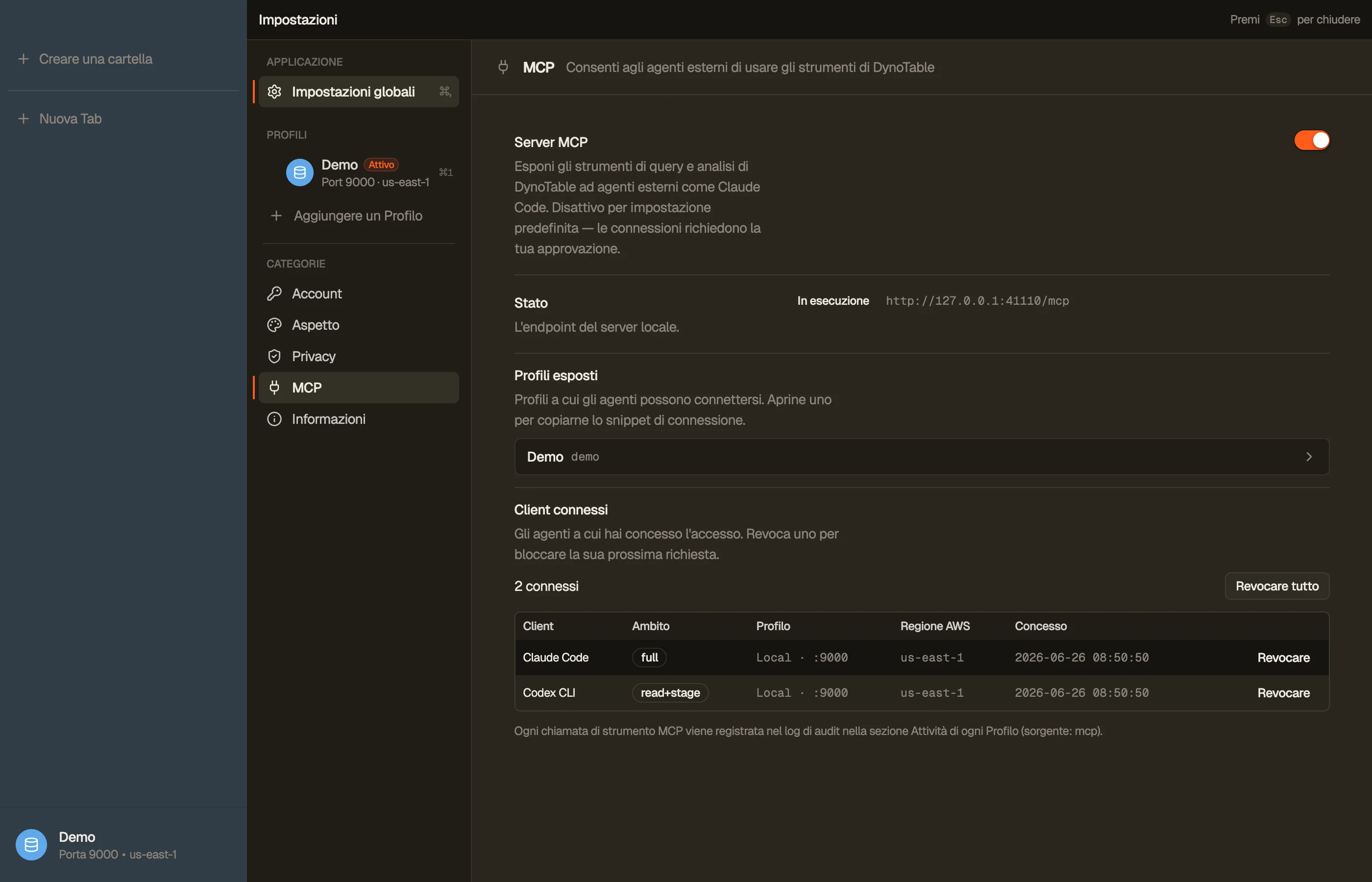 Settings → MCP Server: il server in esecuzione su una porta locale di loopback, con l'elenco dei client connessi e i loro livelli di accesso.