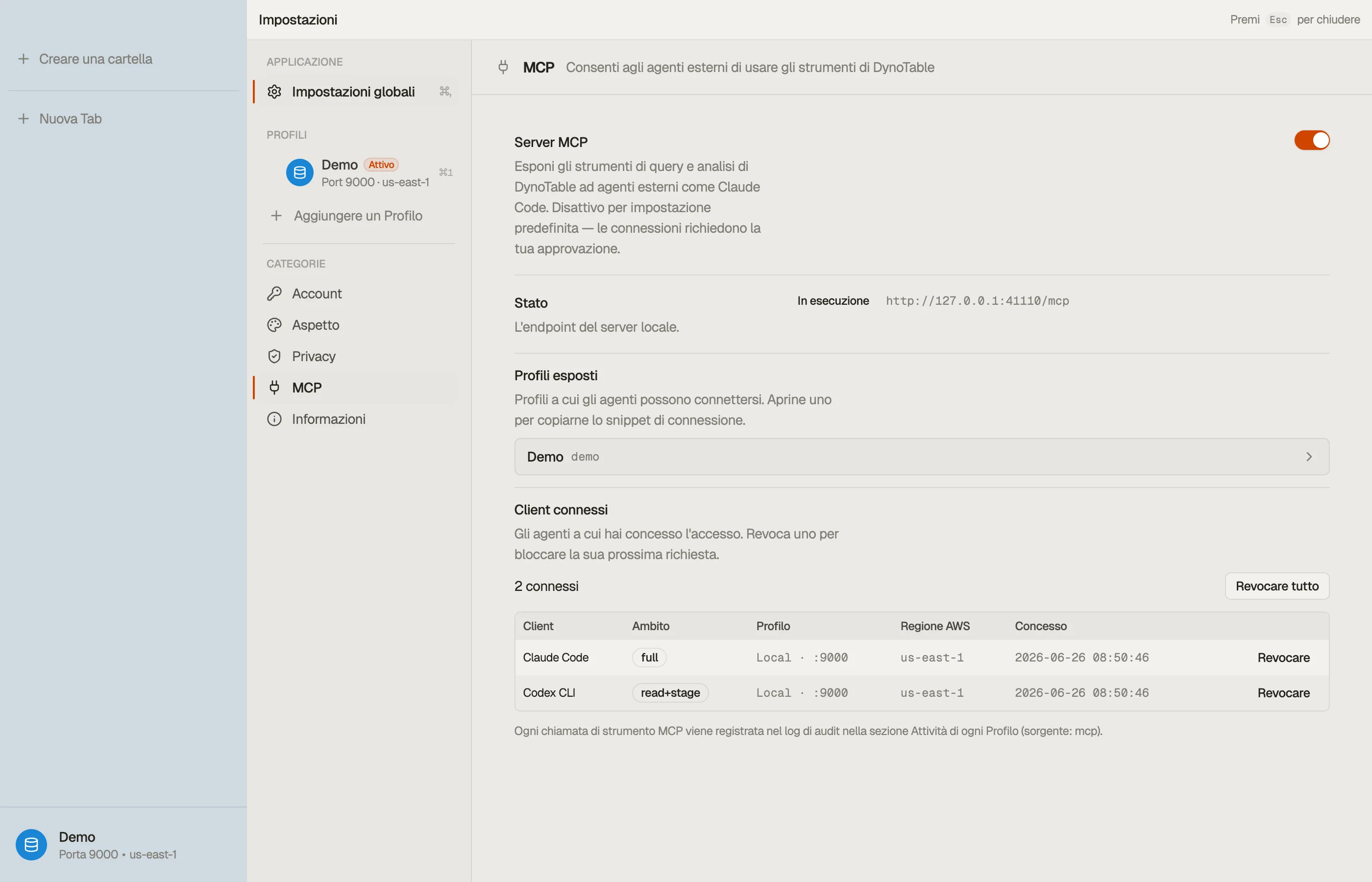Settings → MCP Server: il server in esecuzione su una porta locale di loopback, con l'elenco dei client connessi e i loro livelli di accesso.
