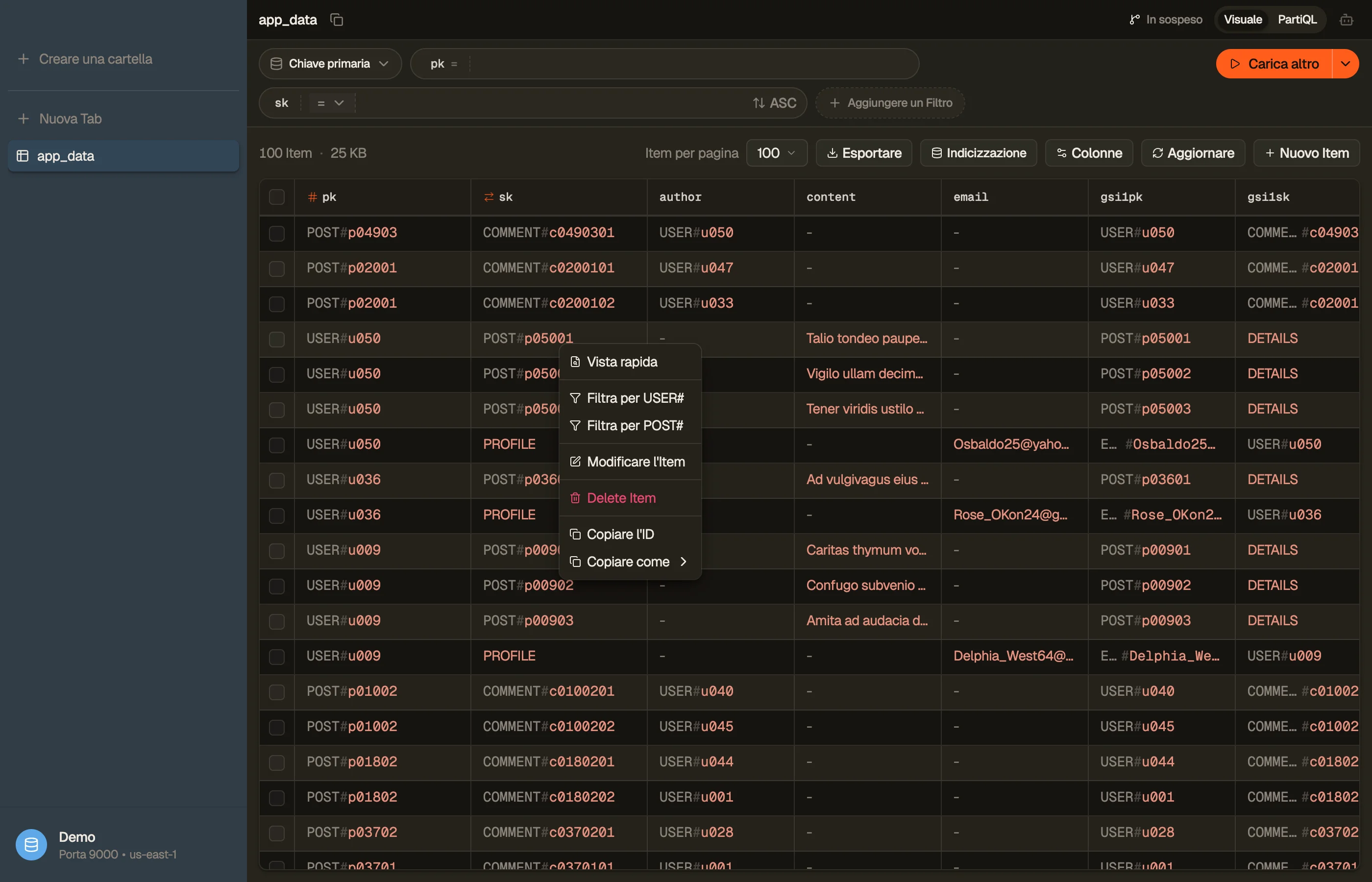 Il menu contestuale della riga su una tabella sovraccaricata — Filtra per USER# e Filtra per POST# come facet sopra le chiavi decodificate in segmenti etichettati.