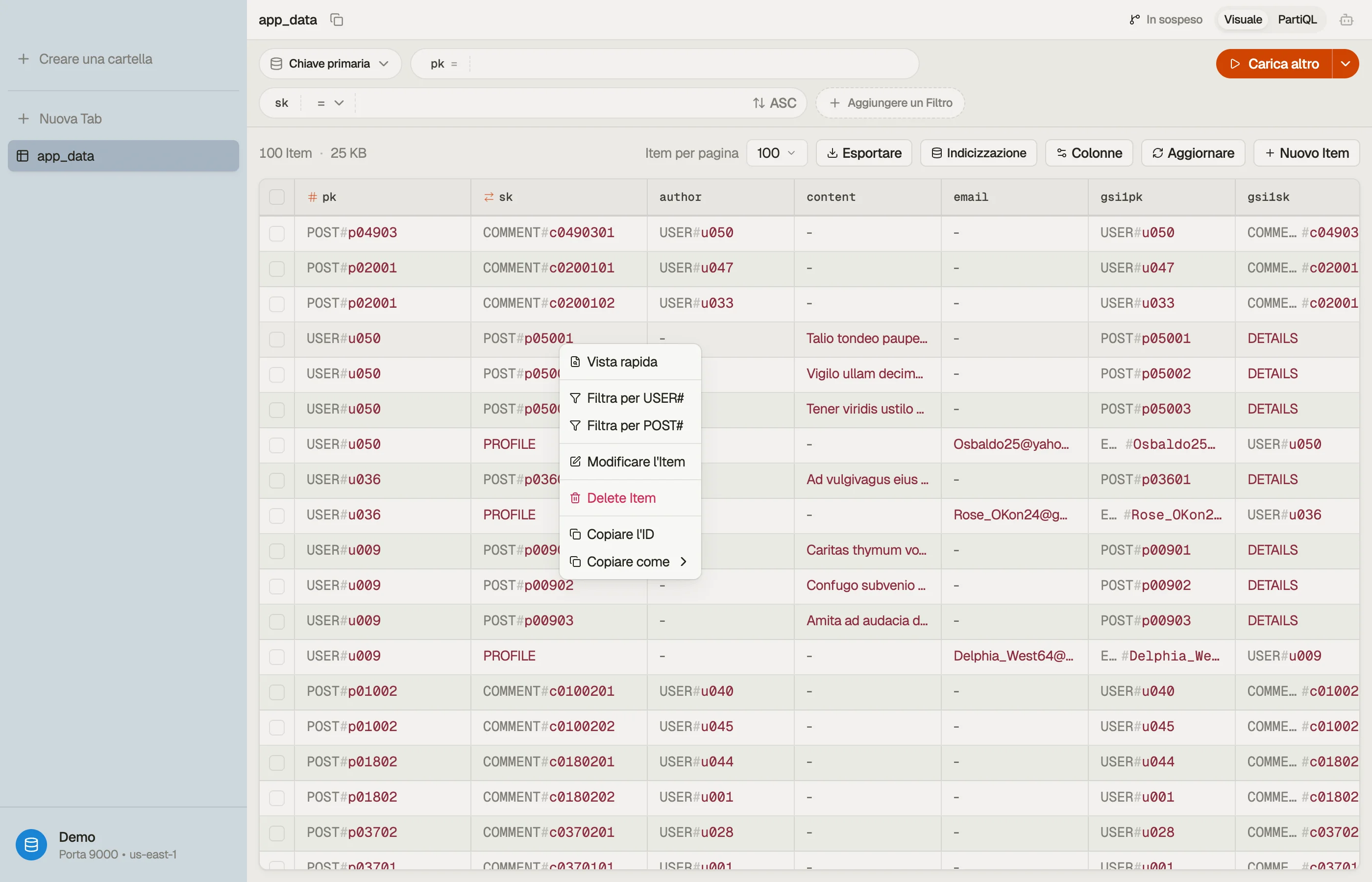 Il menu contestuale della riga su una tabella sovraccaricata — Filtra per USER# e Filtra per POST# come facet sopra le chiavi decodificate in segmenti etichettati.