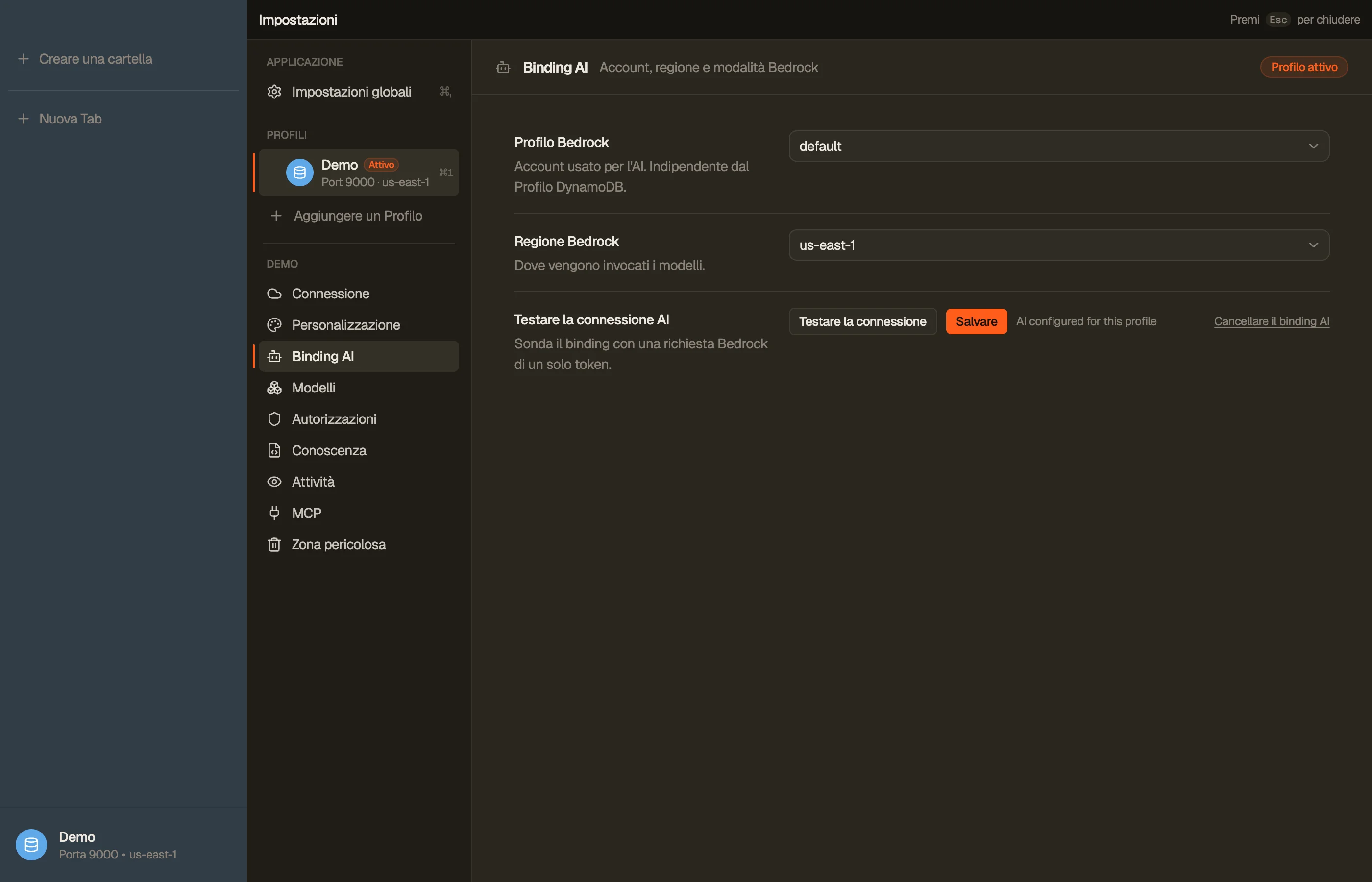 Collegamento AI — l'account Bedrock, la regione e il test di connessione.
