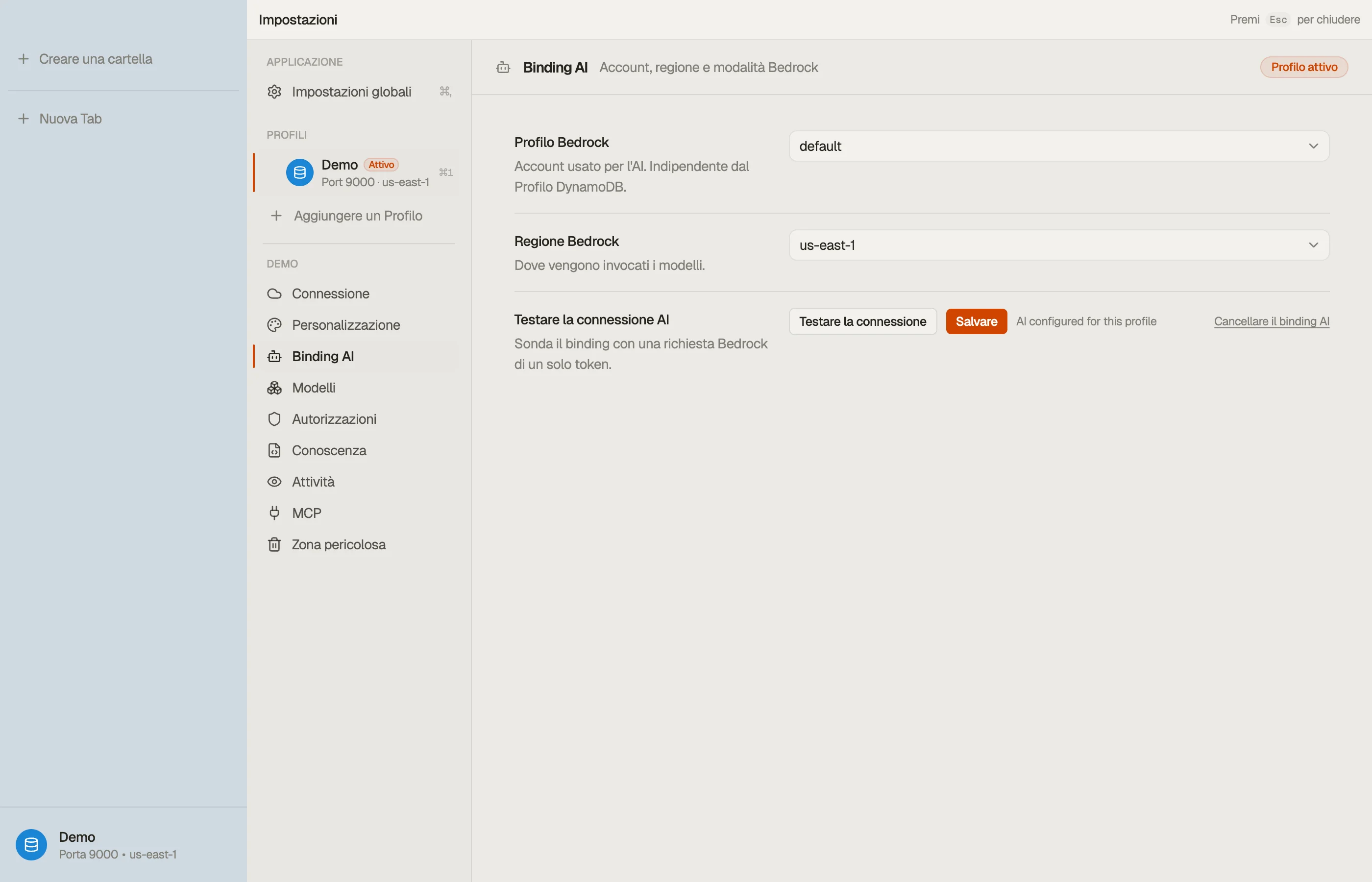 Collegamento AI — l'account Bedrock, la regione e il test di connessione.