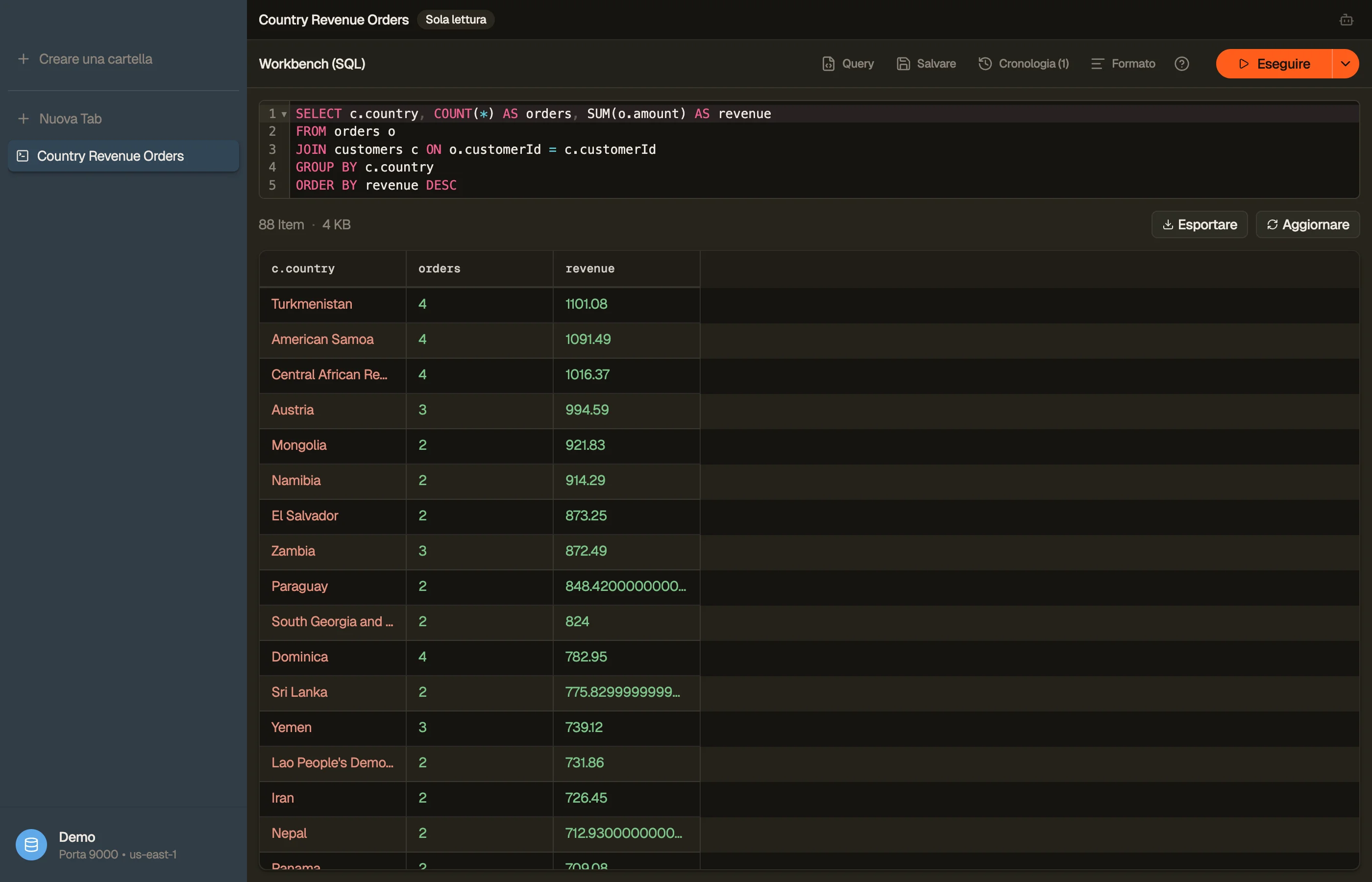 Il Workbench: un JOIN SQL multi-tabella, con la griglia dei risultati joinati sotto.