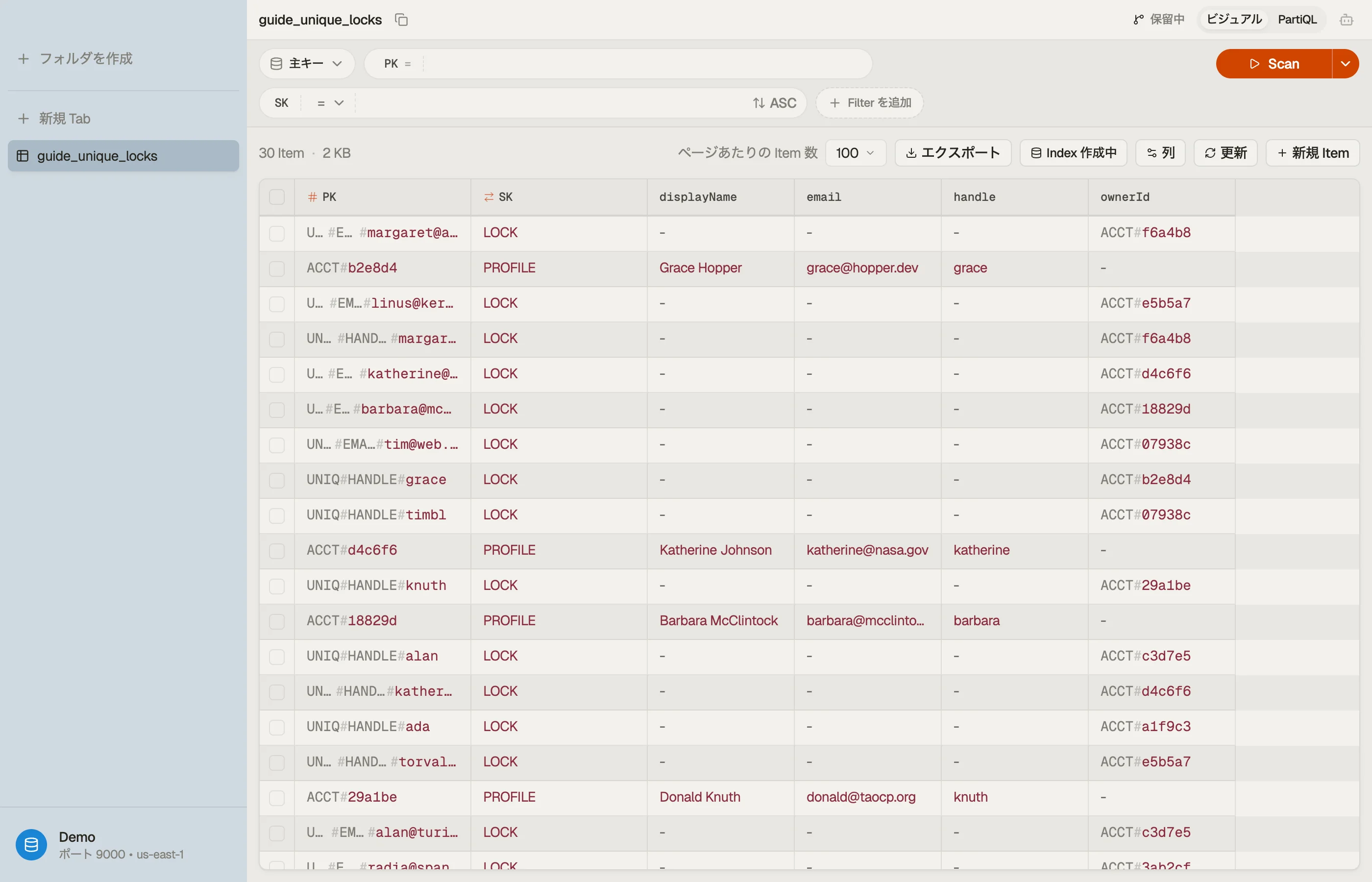 DynoTable がテーブルをスキャンしているところ — アカウントアイテムに UNIQ#EMAIL と UNIQ#HANDLE のロックアイテムが混在して表示されている。