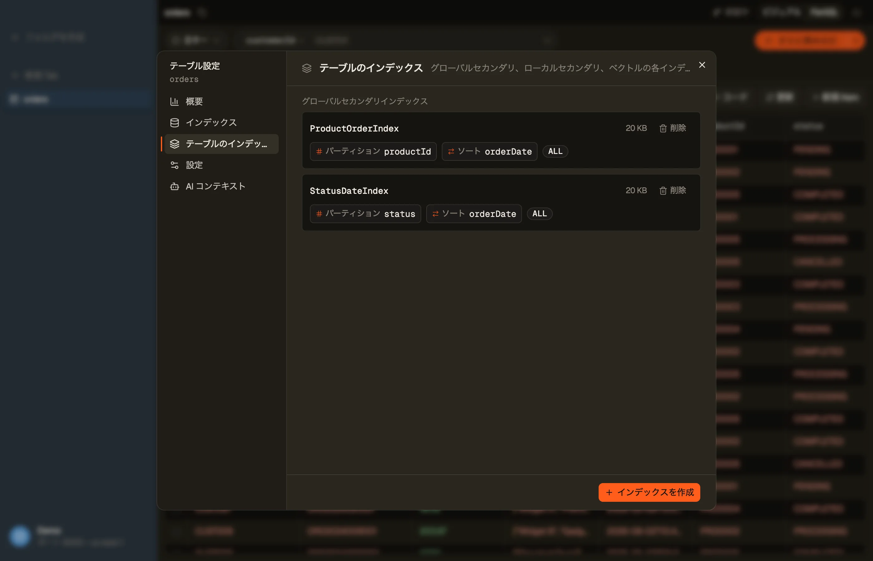 DynoTable のテーブル設定ダイアログのテーブルのインデックスセクション:各グローバルセカンダリインデックスのキー、射影、サイズを一覧表示。