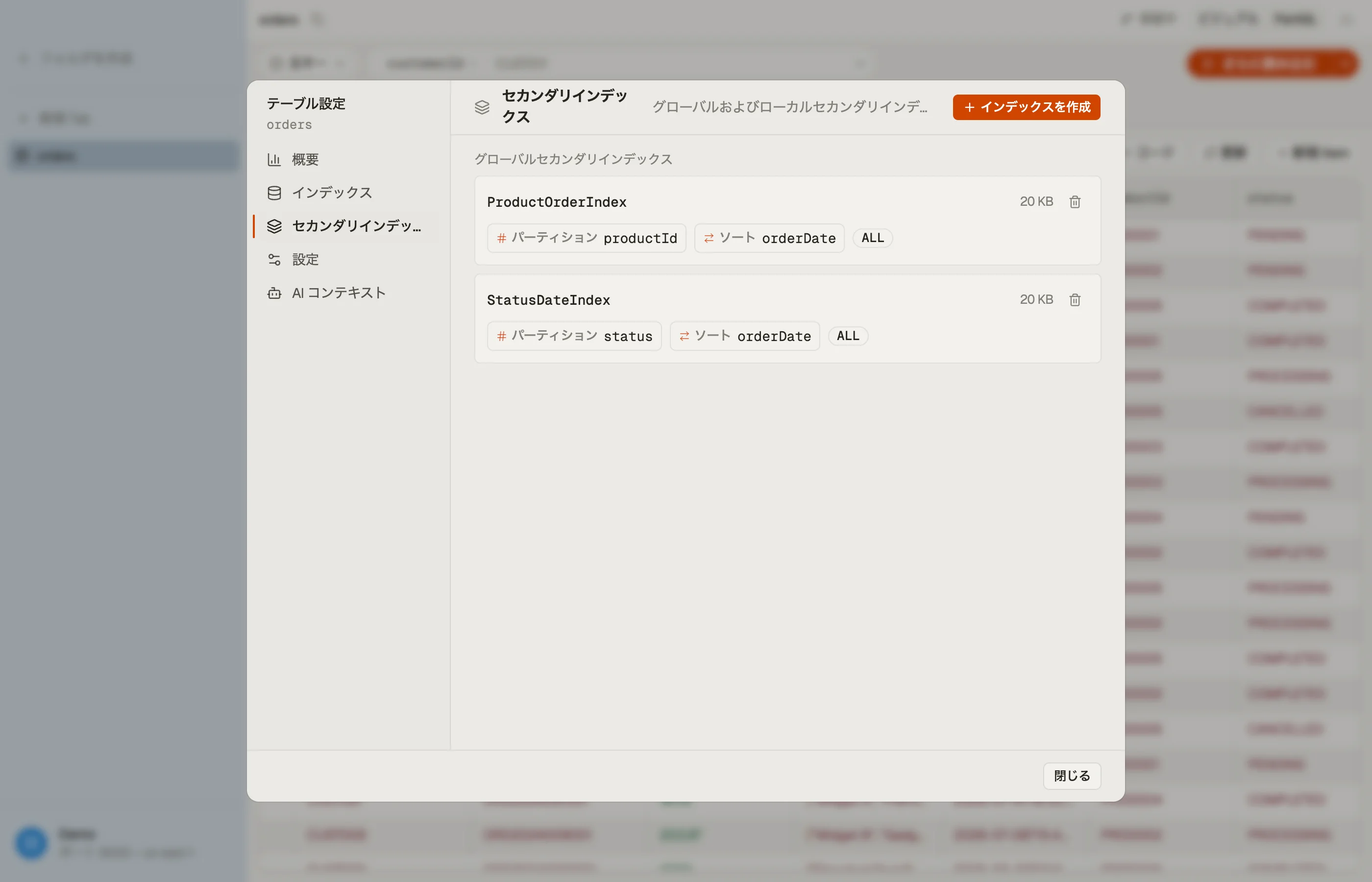 DynoTable のテーブルダイアログのセカンダリインデックスセクション：各グローバルセカンダリインデックスのキー、射影、サイズを一覧表示。