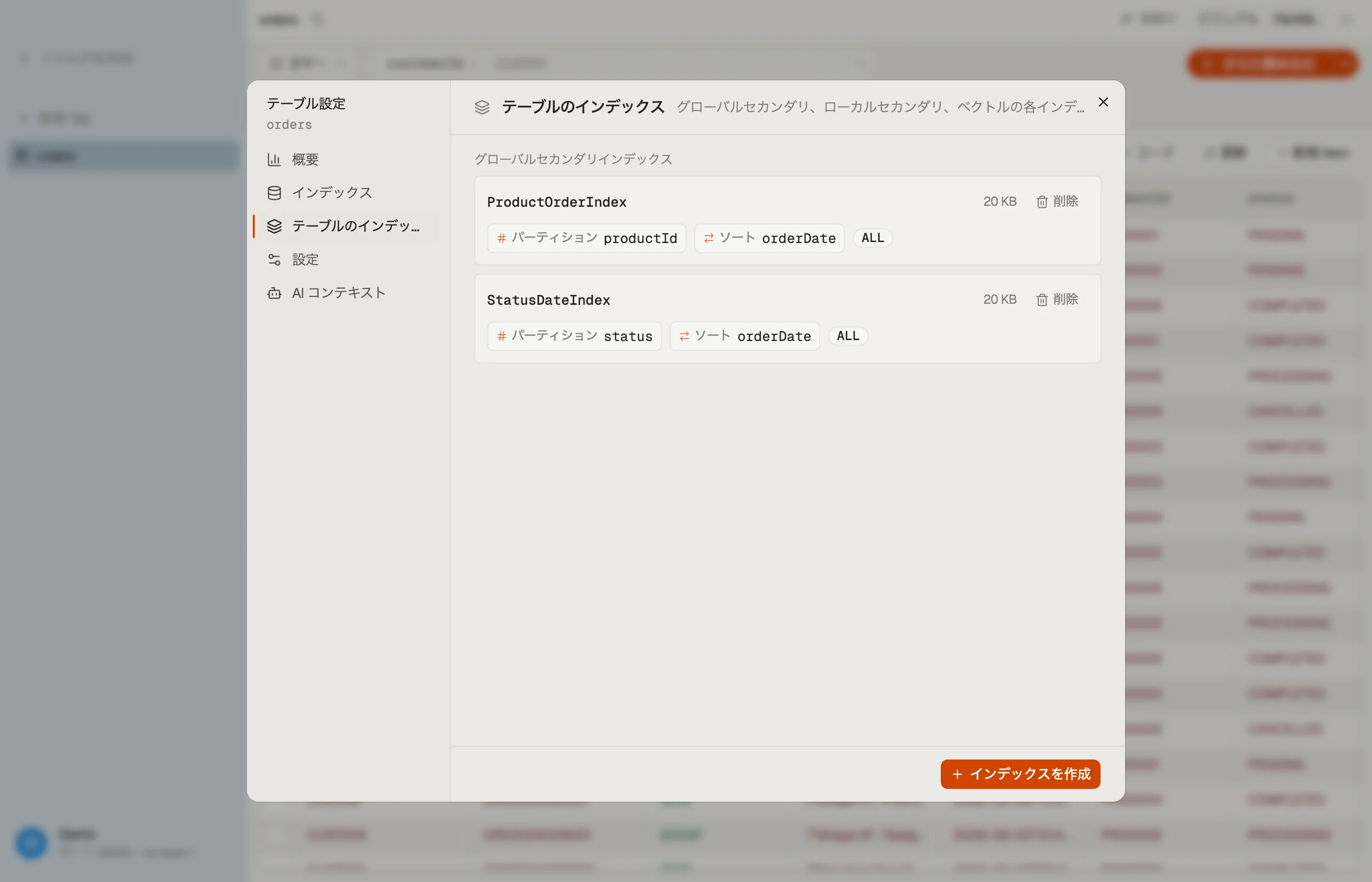 DynoTable のテーブル設定ダイアログのテーブルのインデックスセクション:各グローバルセカンダリインデックスのキー、射影、サイズを一覧表示。