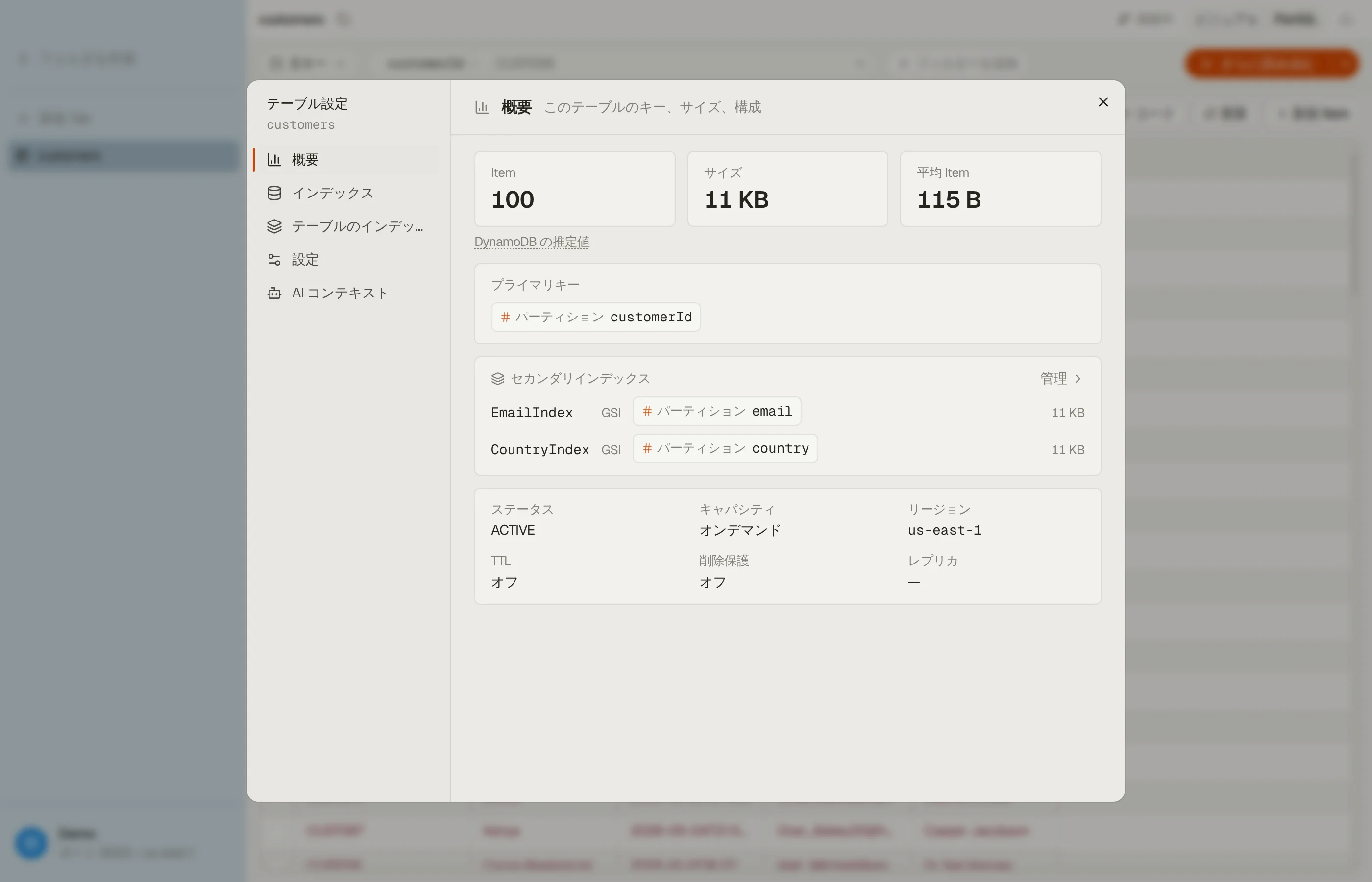DynoTableのインデックスセクション:型と必須/任意のフラグ付きのインデックス済みフィールドのリストと、スキーマのエクスポートボタン。