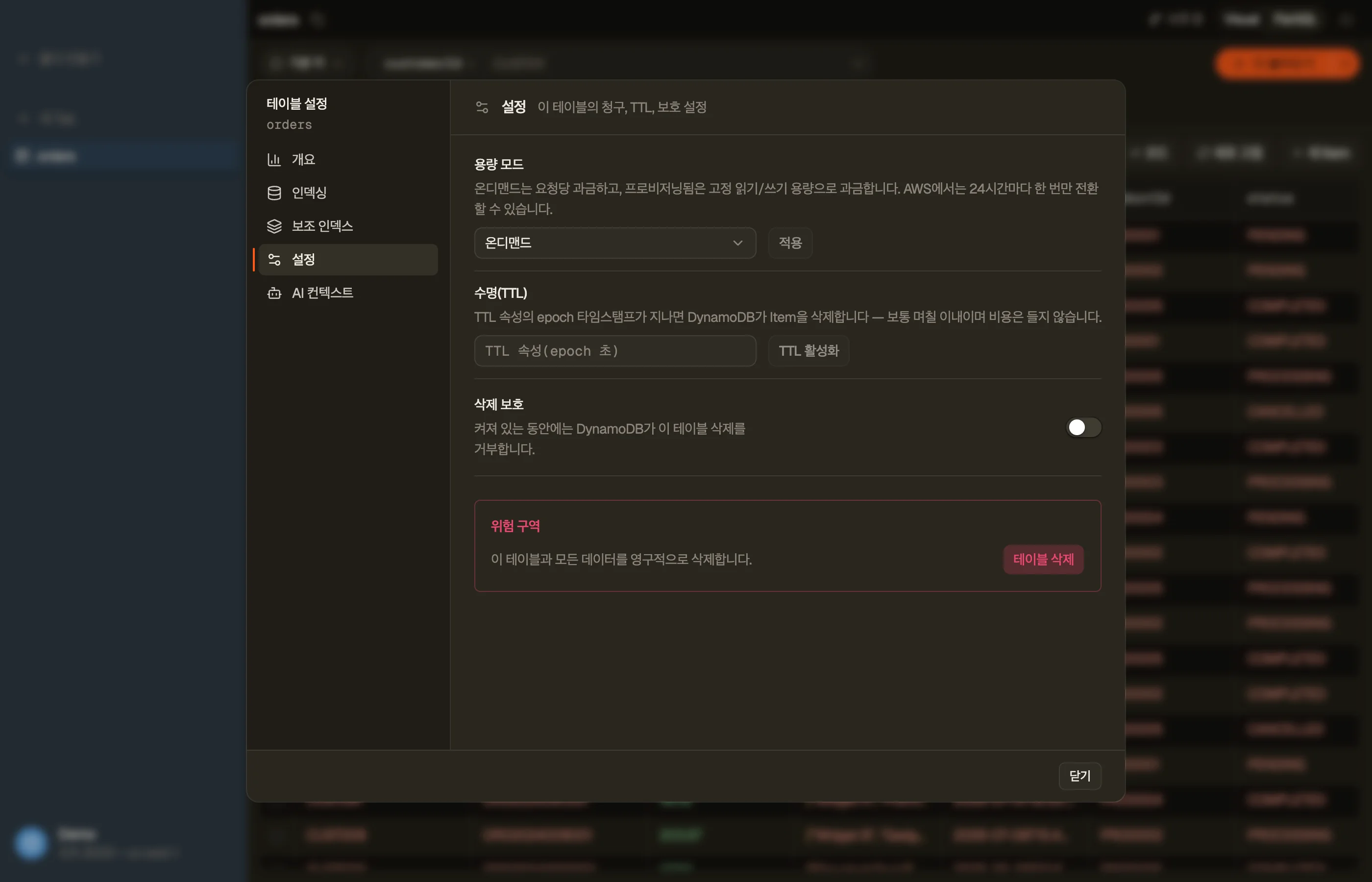 DynoTable의 Table 대화 상자에 있는 설정 섹션 — 용량 모드, TTL, 삭제 방지.