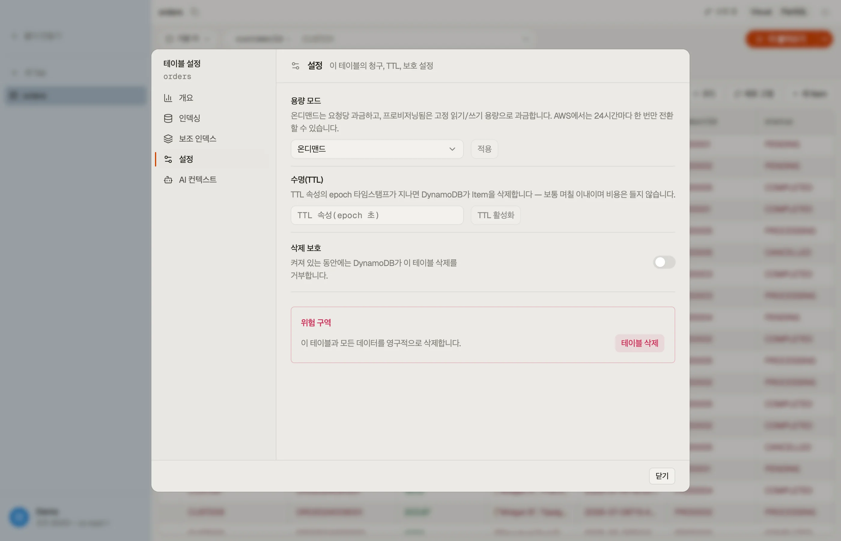 DynoTable의 Table 대화 상자에 있는 설정 섹션 — 용량 모드, TTL, 삭제 방지.