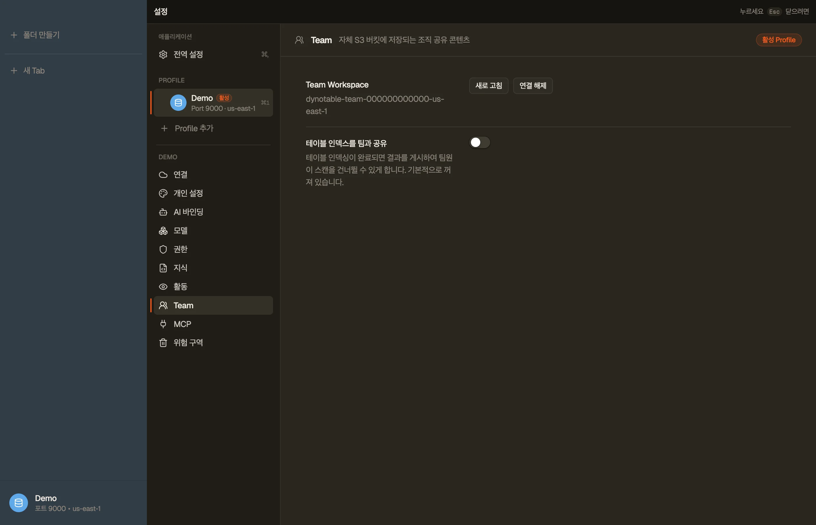프로필의 Team 설정에서 연결된 Team 워크스페이스 — 작업 공간 버킷과 동기화 컨트롤을 보여줍니다.