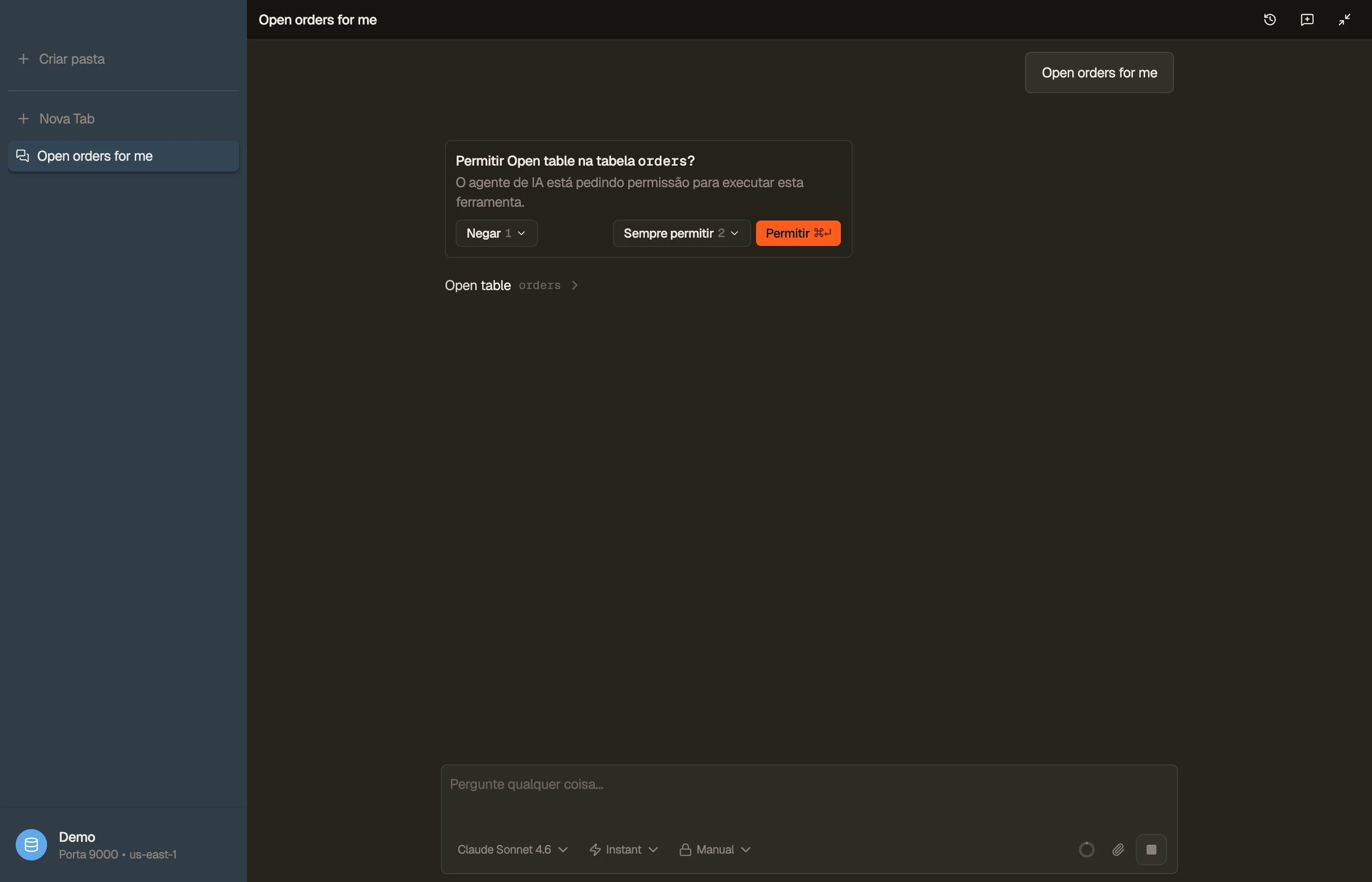 Um aviso de permissão: o assistente pergunta antes de executar uma ação controlada contra uma tabela.