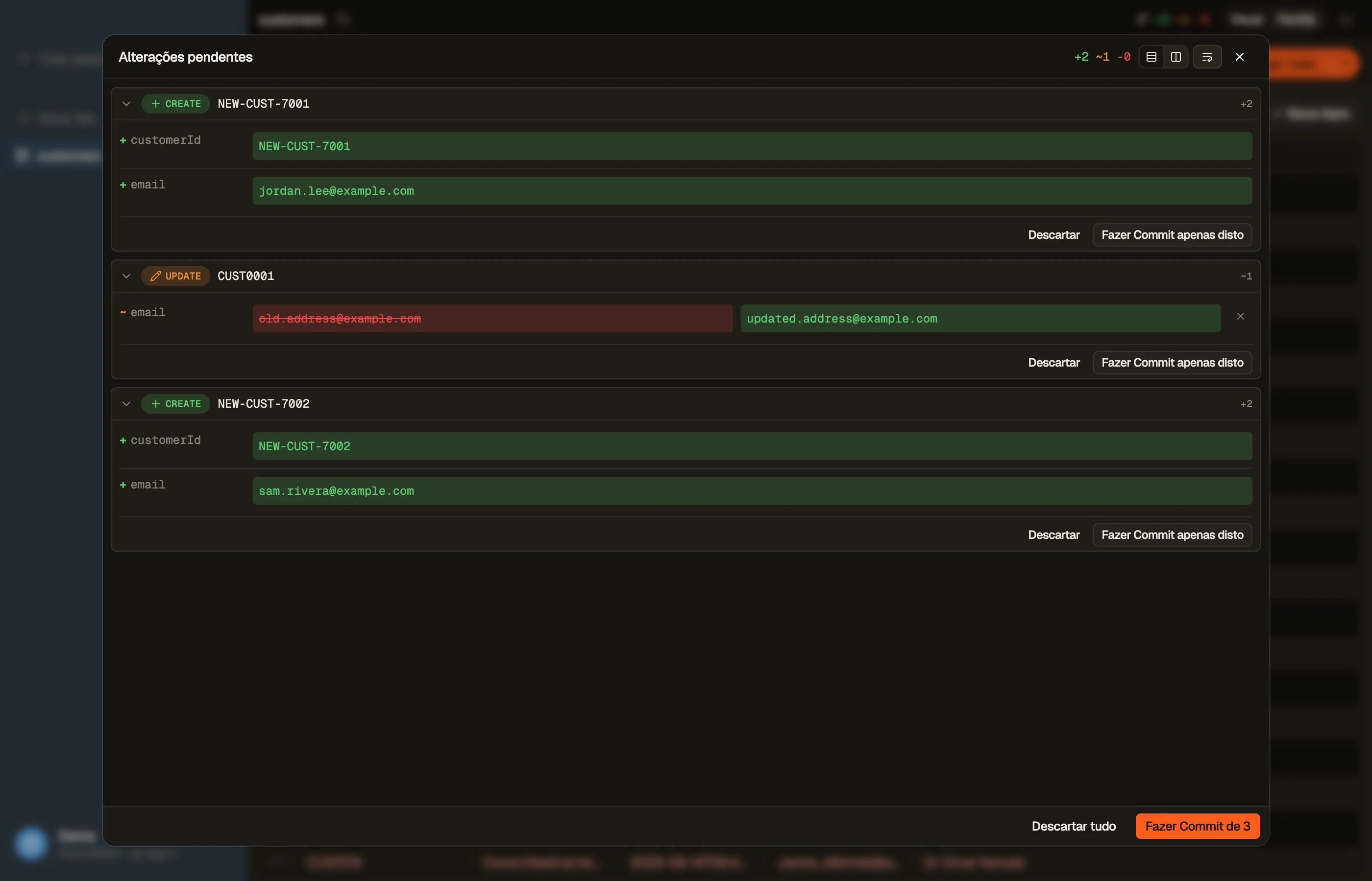 O diff de commit preparado do DynoTable antes de qualquer coisa ser gravada no DynamoDB.