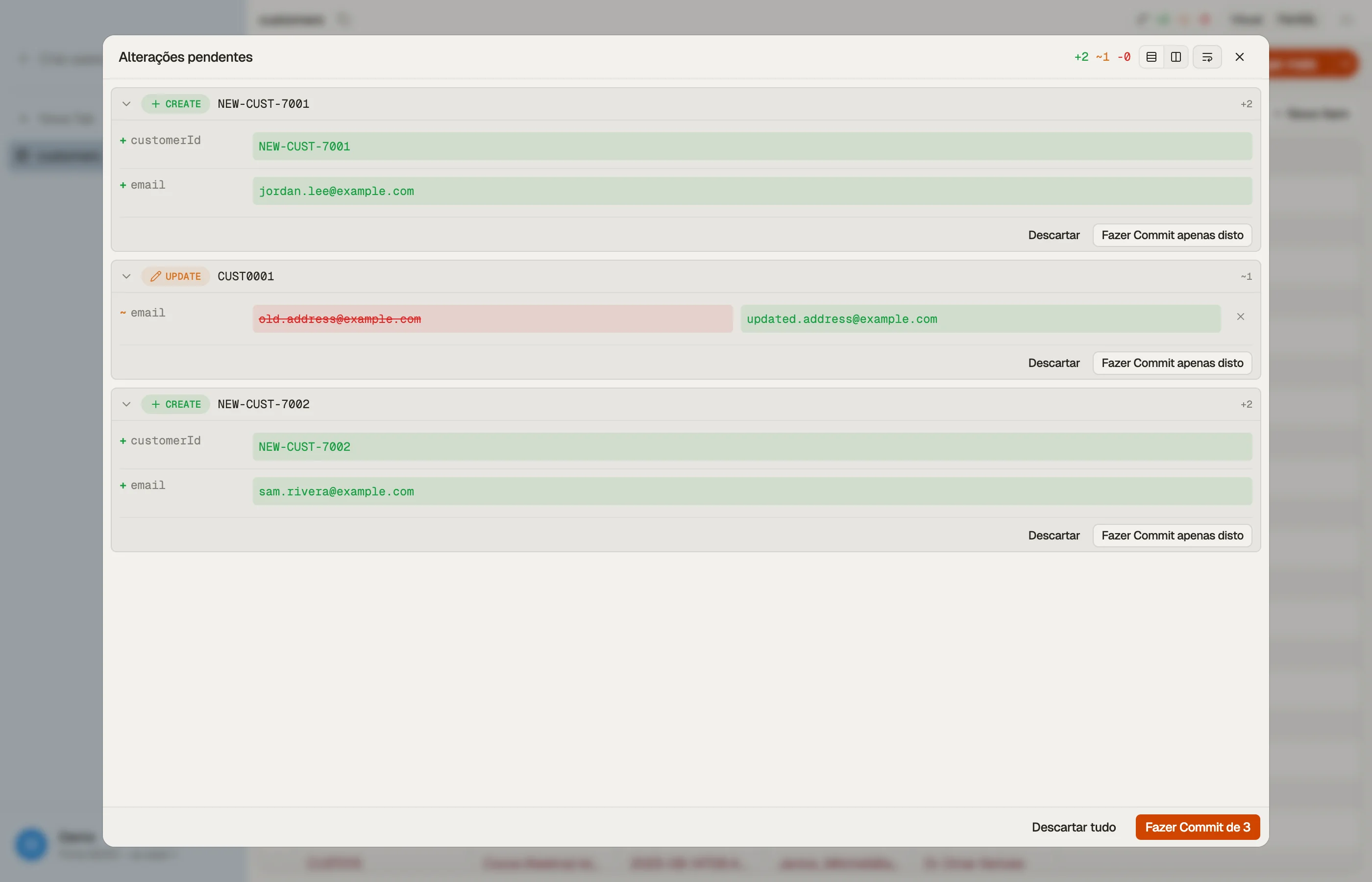 O diff de commit preparado do DynoTable antes de qualquer coisa ser gravada no DynamoDB.
