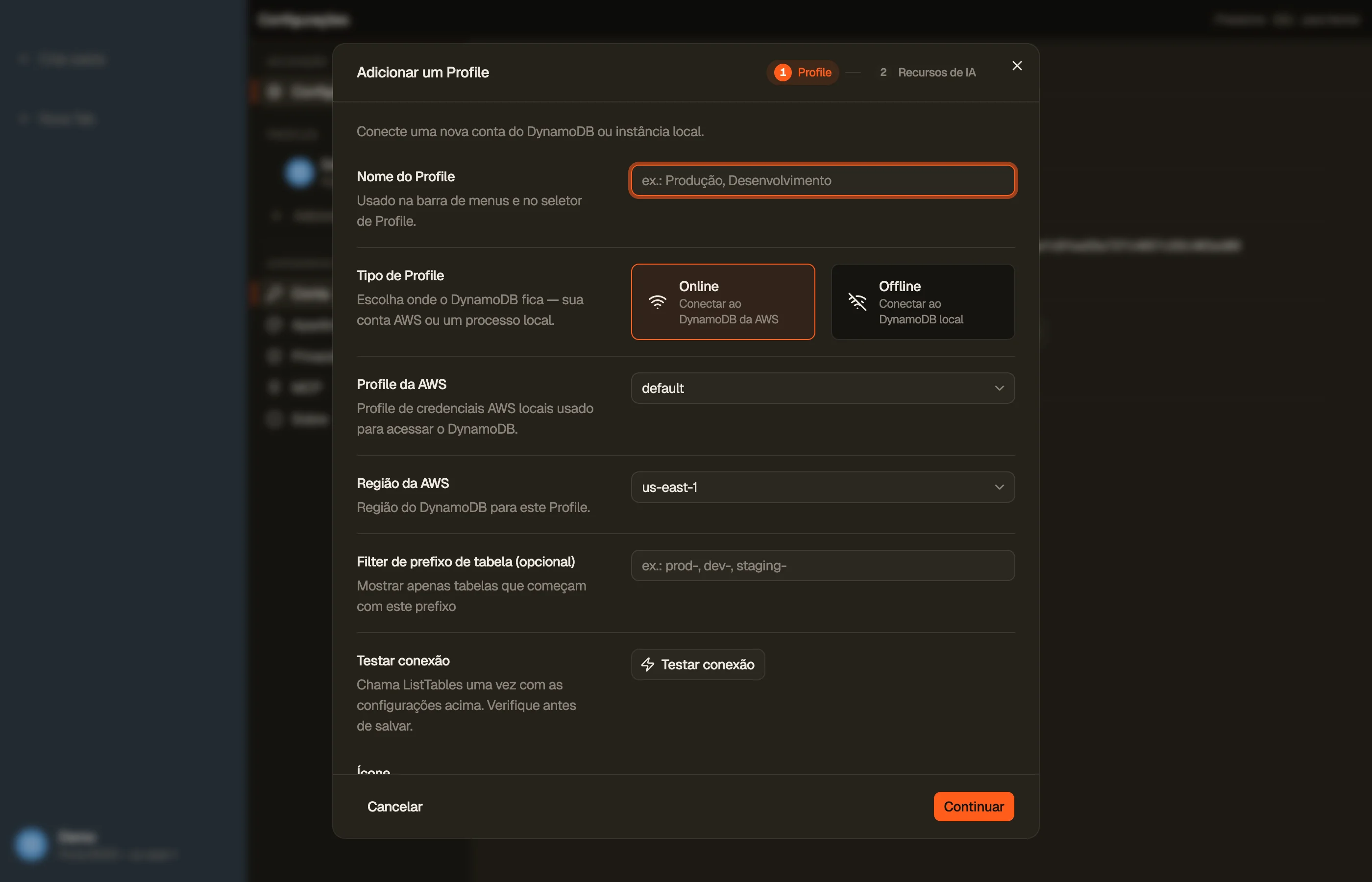 A caixa de diálogo Adicionar Perfil: nome, perfil AWS, região padrão, cor e ícone.