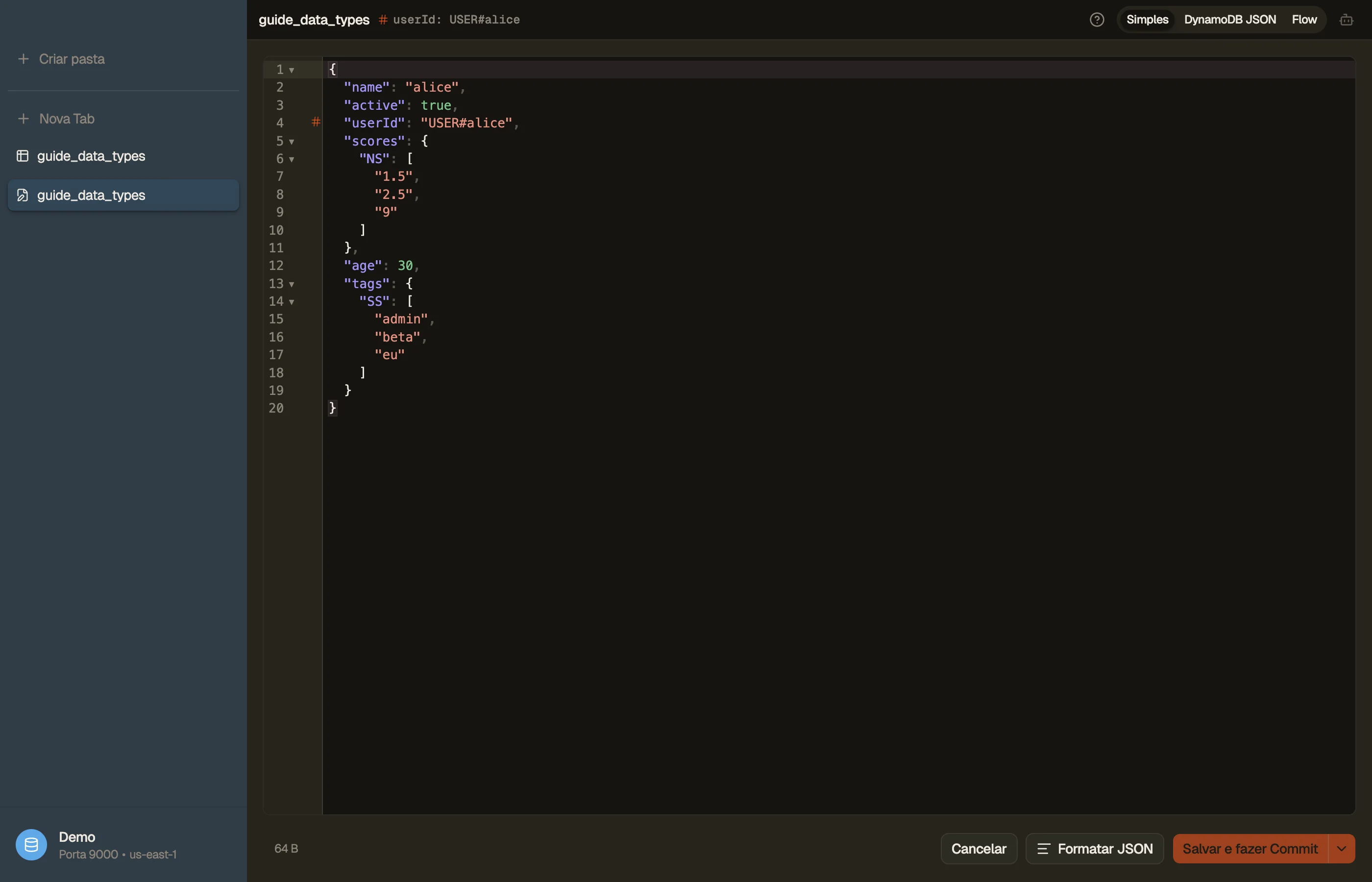 O editor de itens do DynoTable mostrando um item com um number set e um string set, e o alternador JSON puro / DynamoDB-JSON.