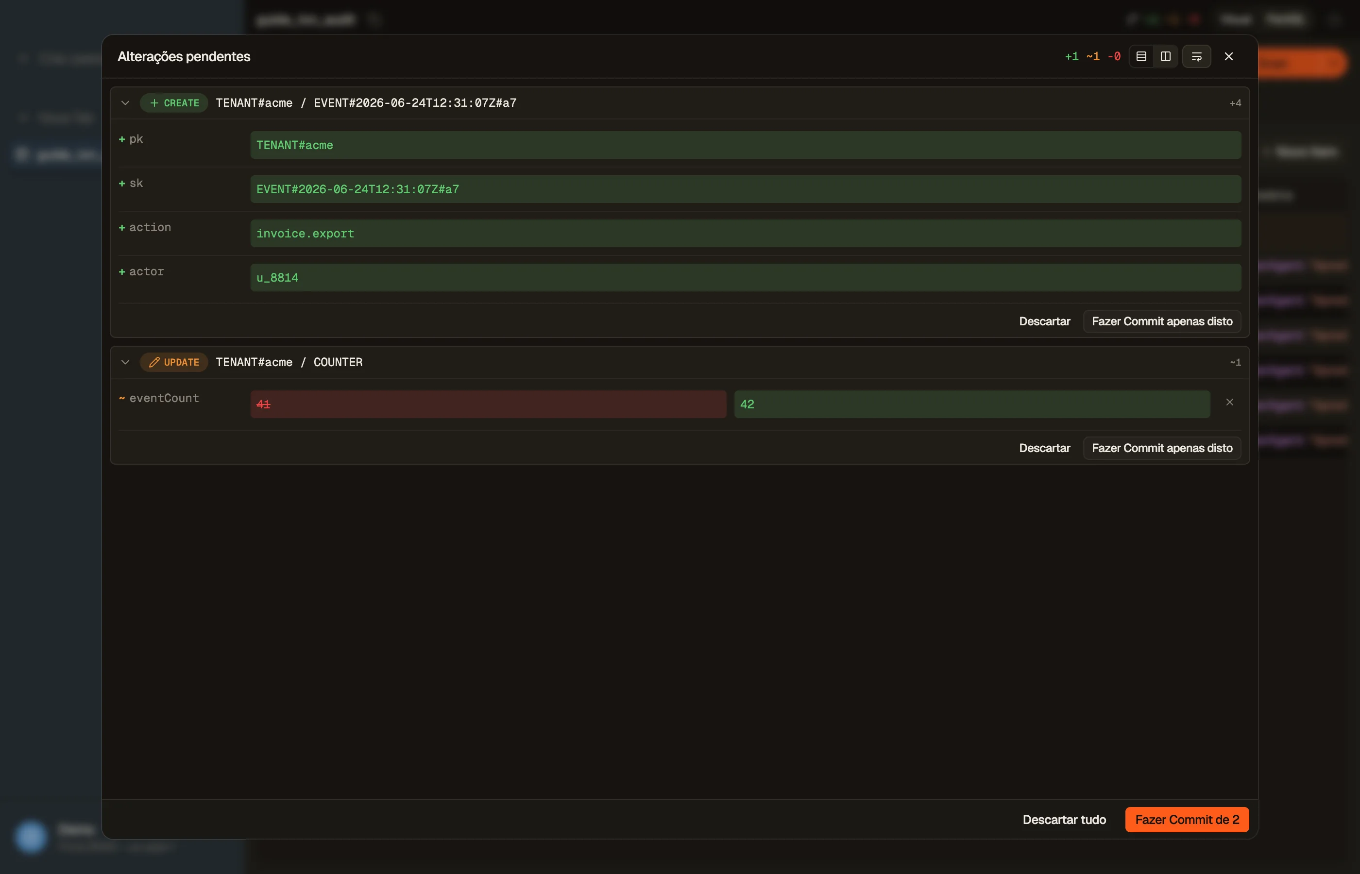 Preparando o novo evento de auditoria e a edição do contador do tenant no DynoTable, e então fazendo commit de ambos como uma transação tudo-ou-nada.